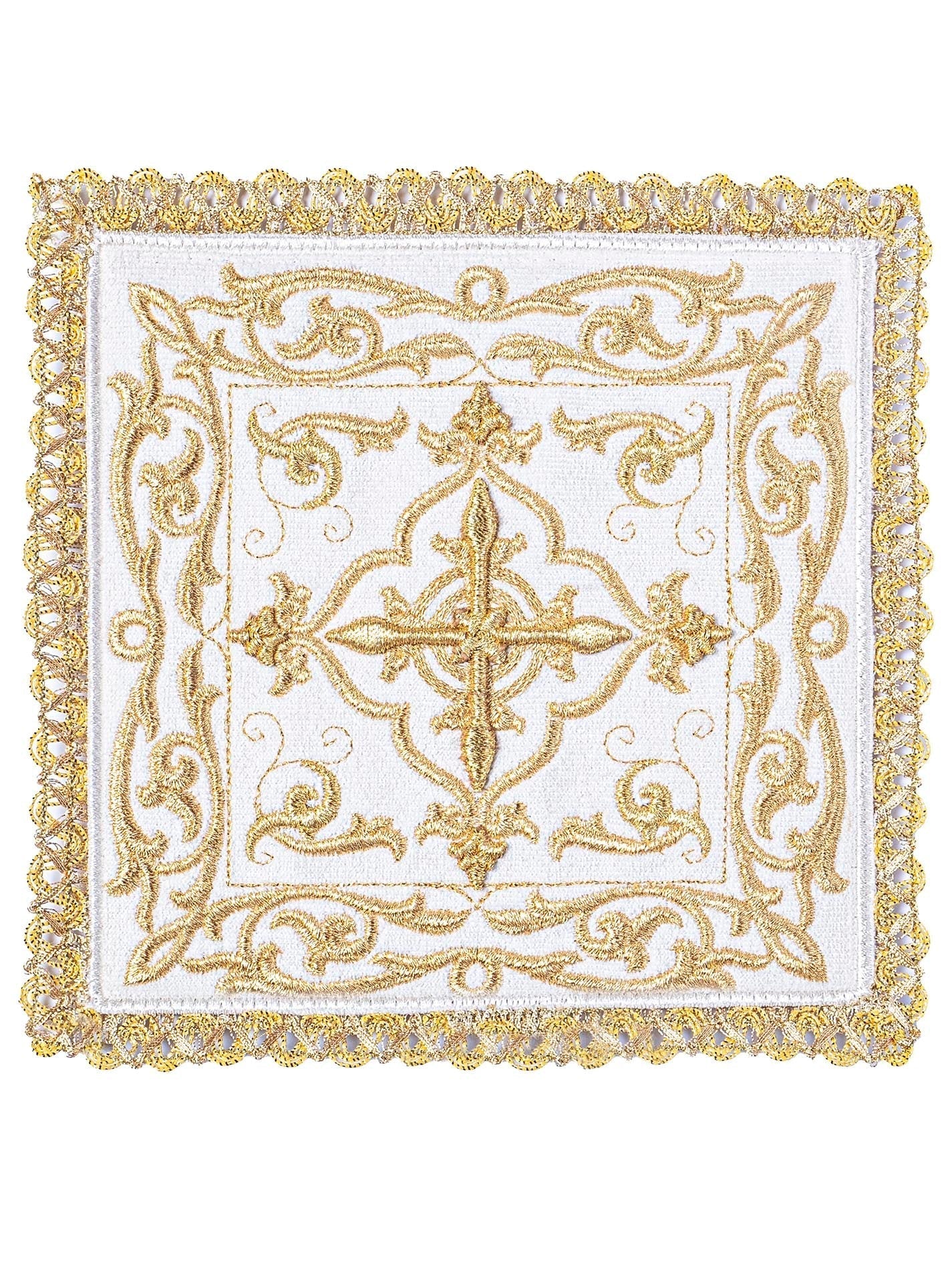 Ecru colored chalice linens with velvet Pall