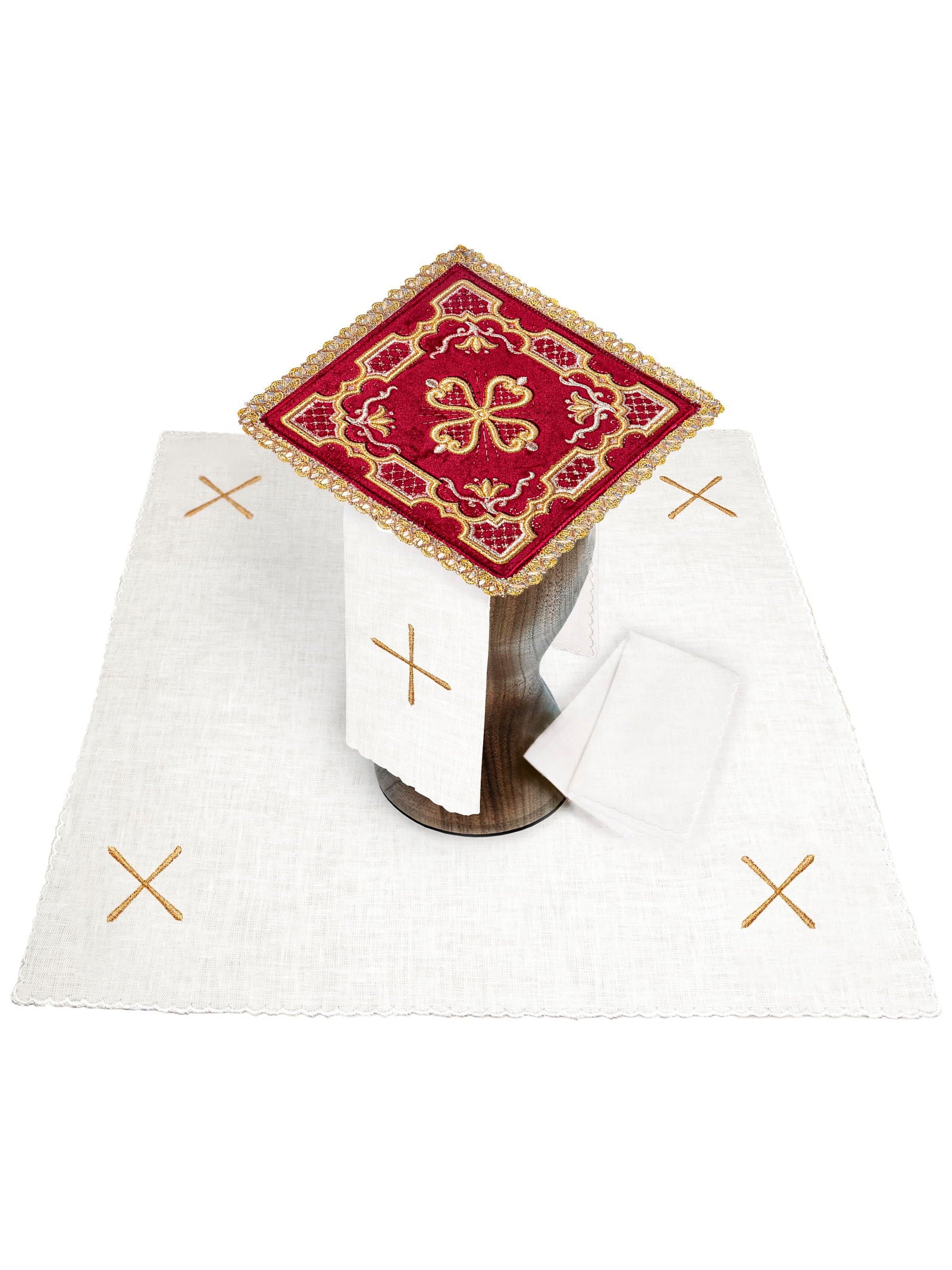 Chalice linens with gold cross and velvet texture