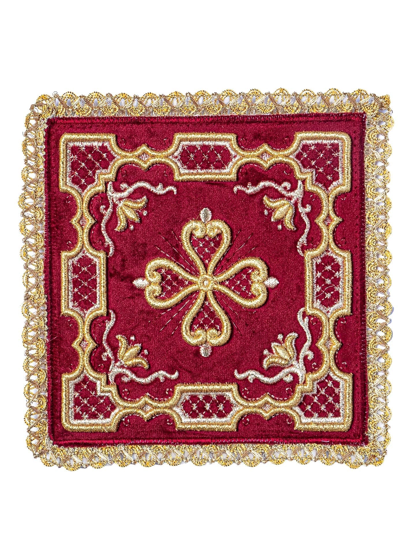 Chalice linens with gold cross and velvet texture