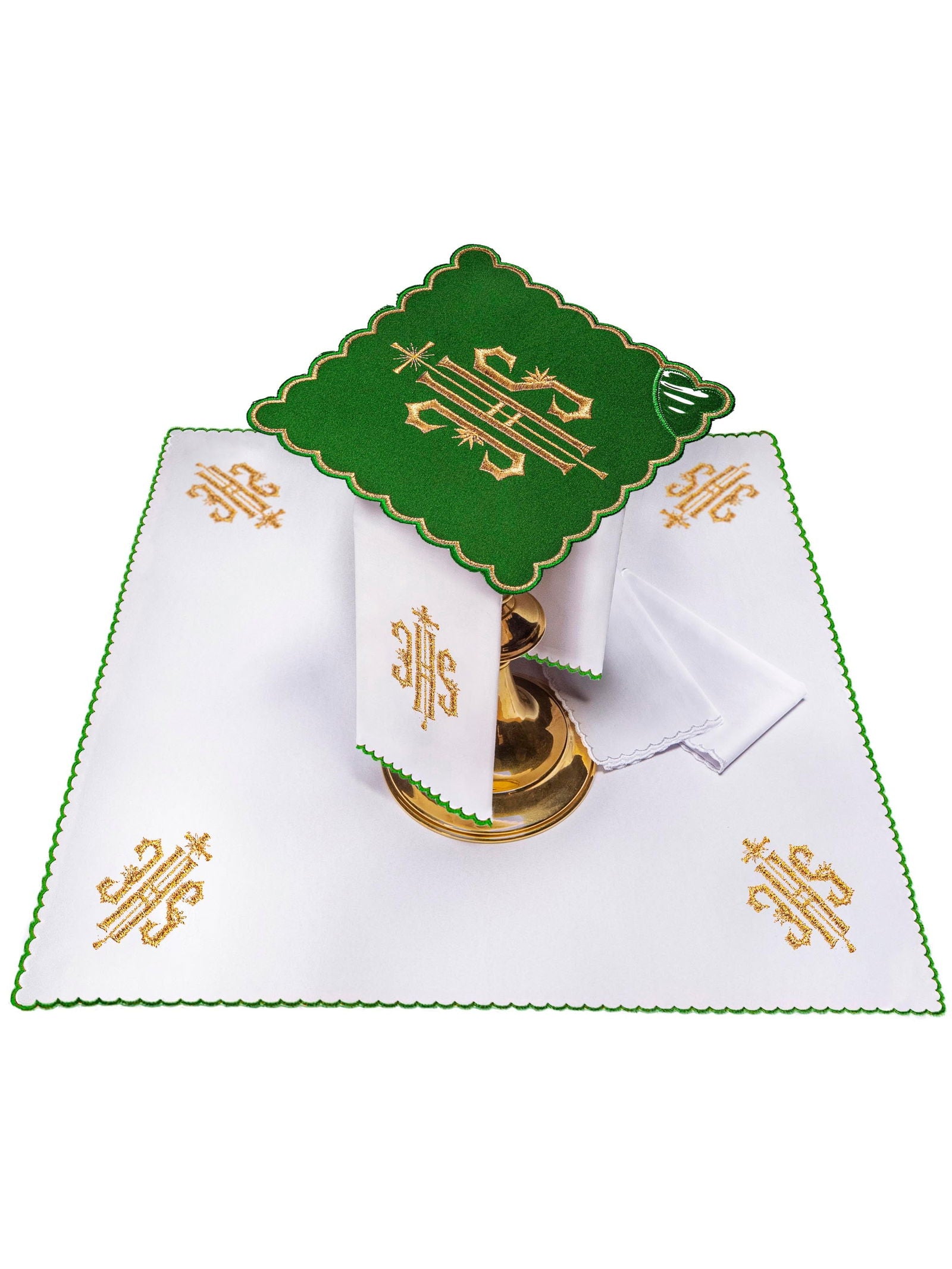 Chalice Set with green Pall and dimensional JHS embroidery - HAFTINAUSA.COM