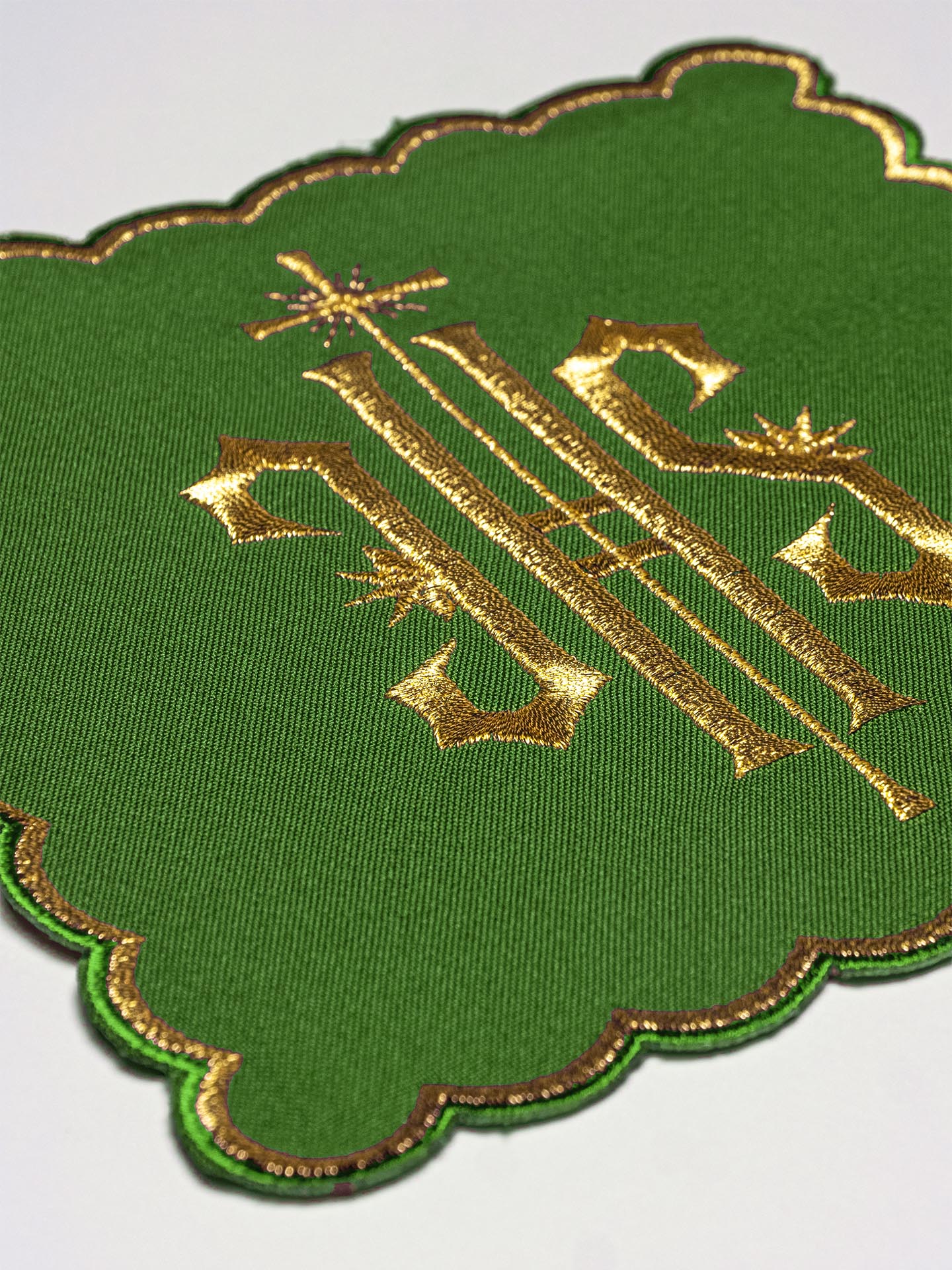 Chalice Set with green Pall and dimensional JHS embroidery