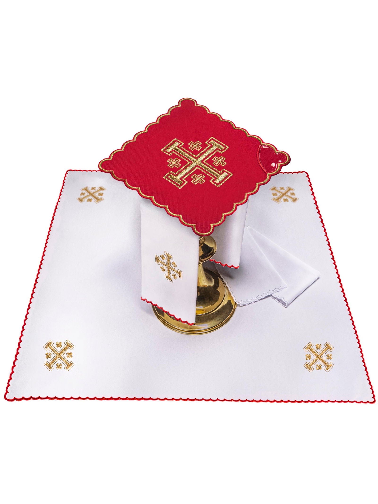 Chalice Set with red Pall and Jerusalem Cross embroidery