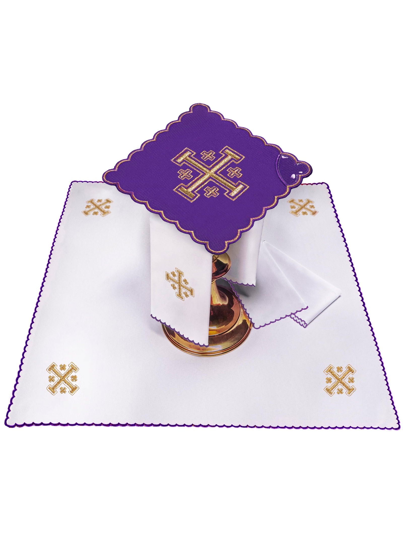 Chalice Set with purple Pall and Jerusalem Cross embroidery