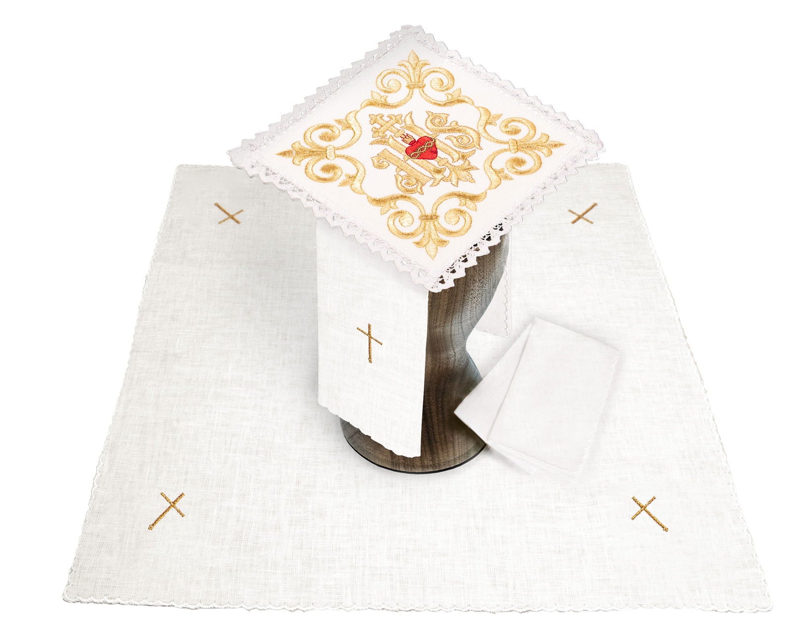 Linen chalice set with ihs and lord Jesus heart embroidery