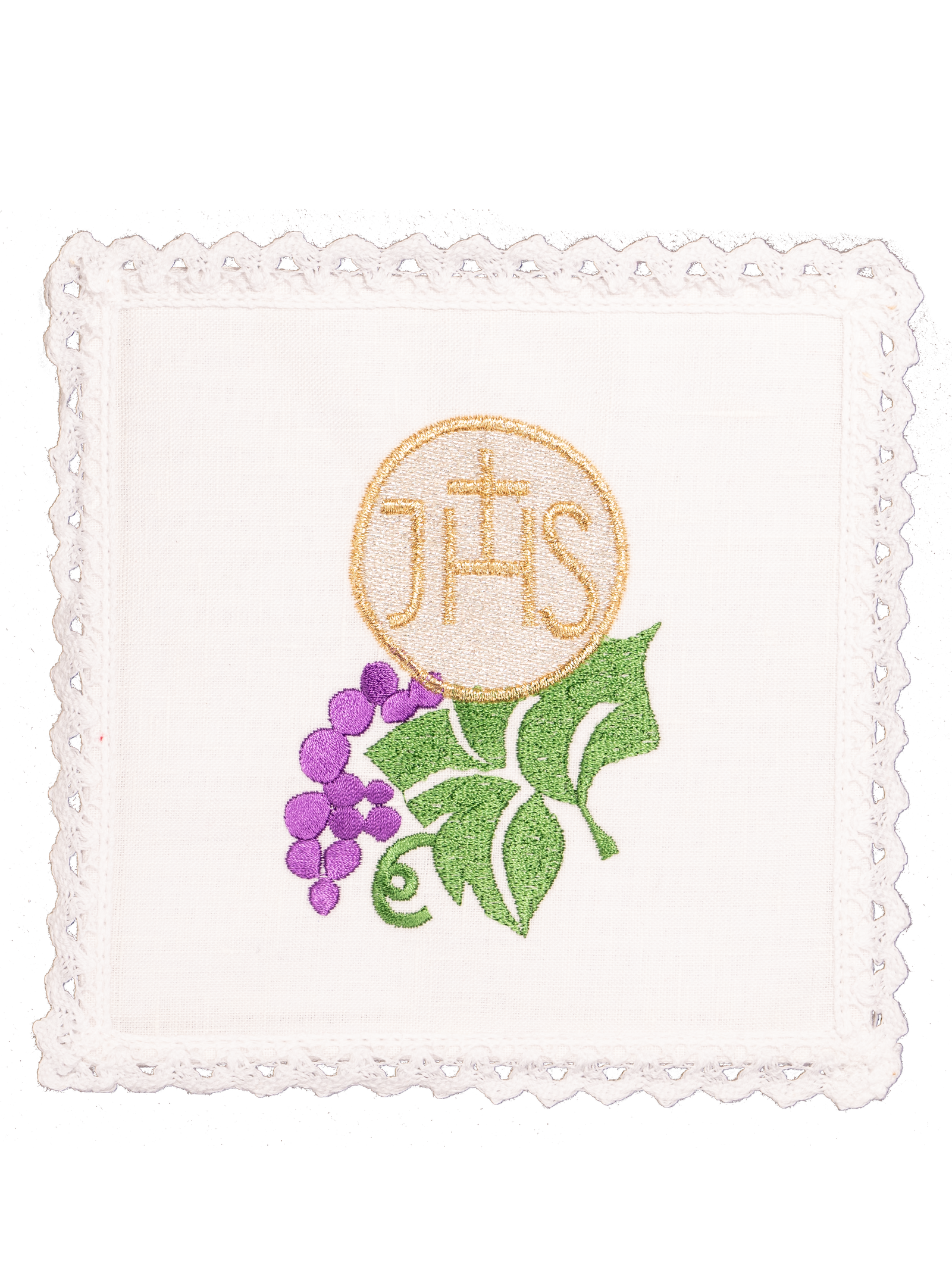 Linen chalice set with eucharistic embroidery JHS grapes