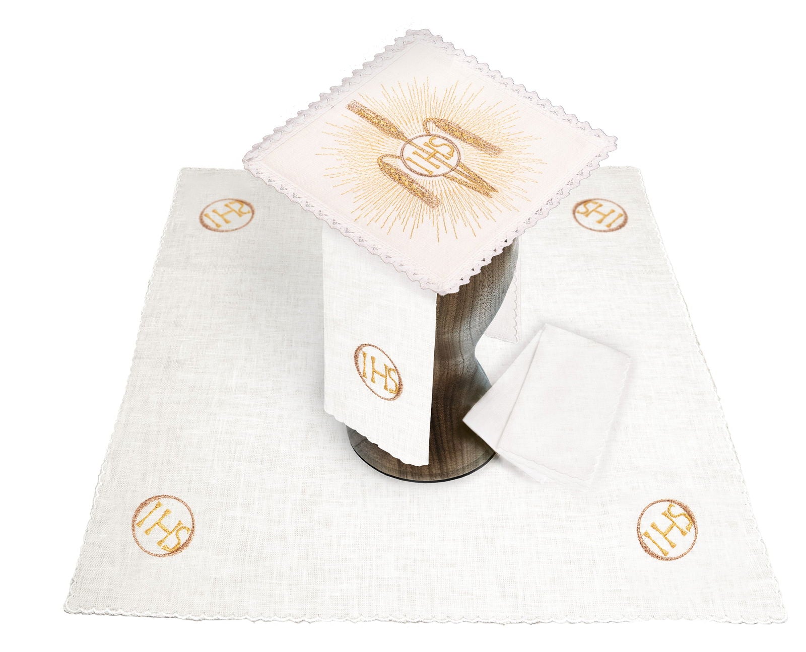 Linen chalice set with eucharistic embroidery ears IHS