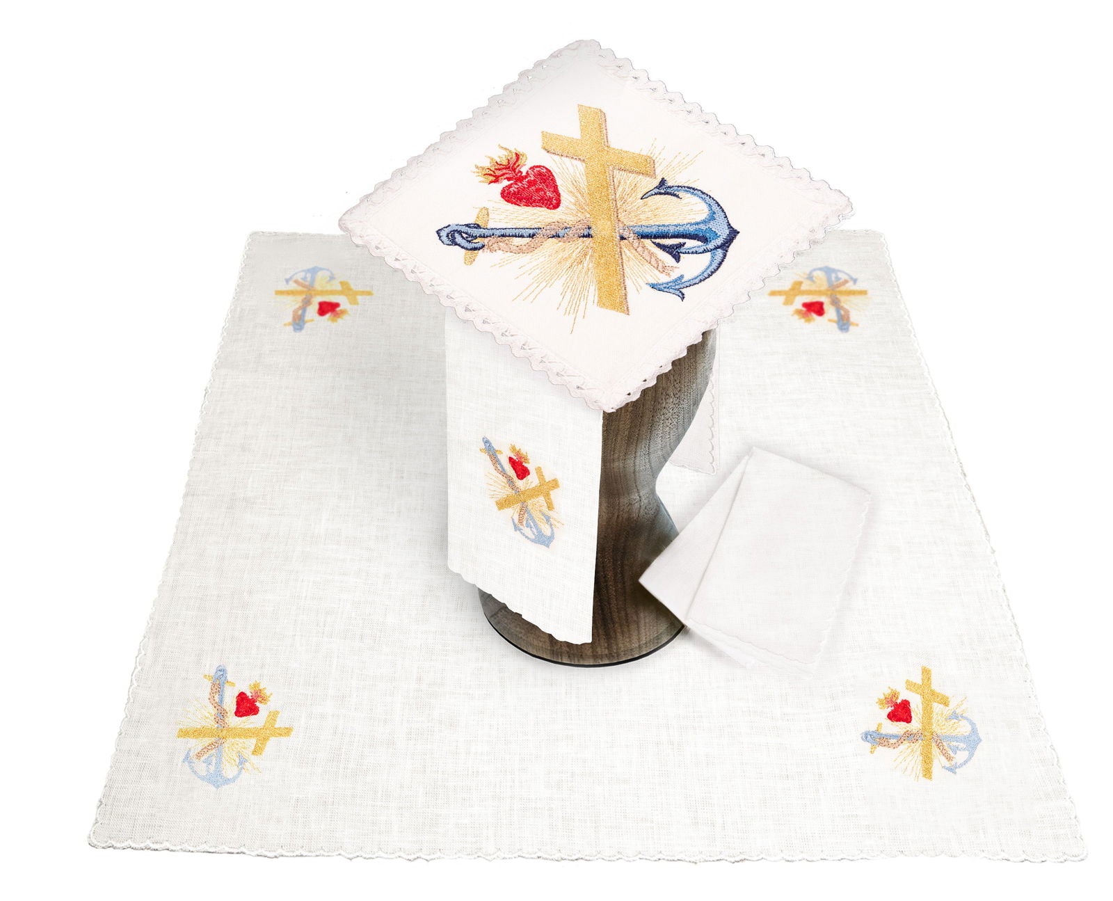 Linen chalice set with eucharistic embroidery of Jesus heart, anchors and cross