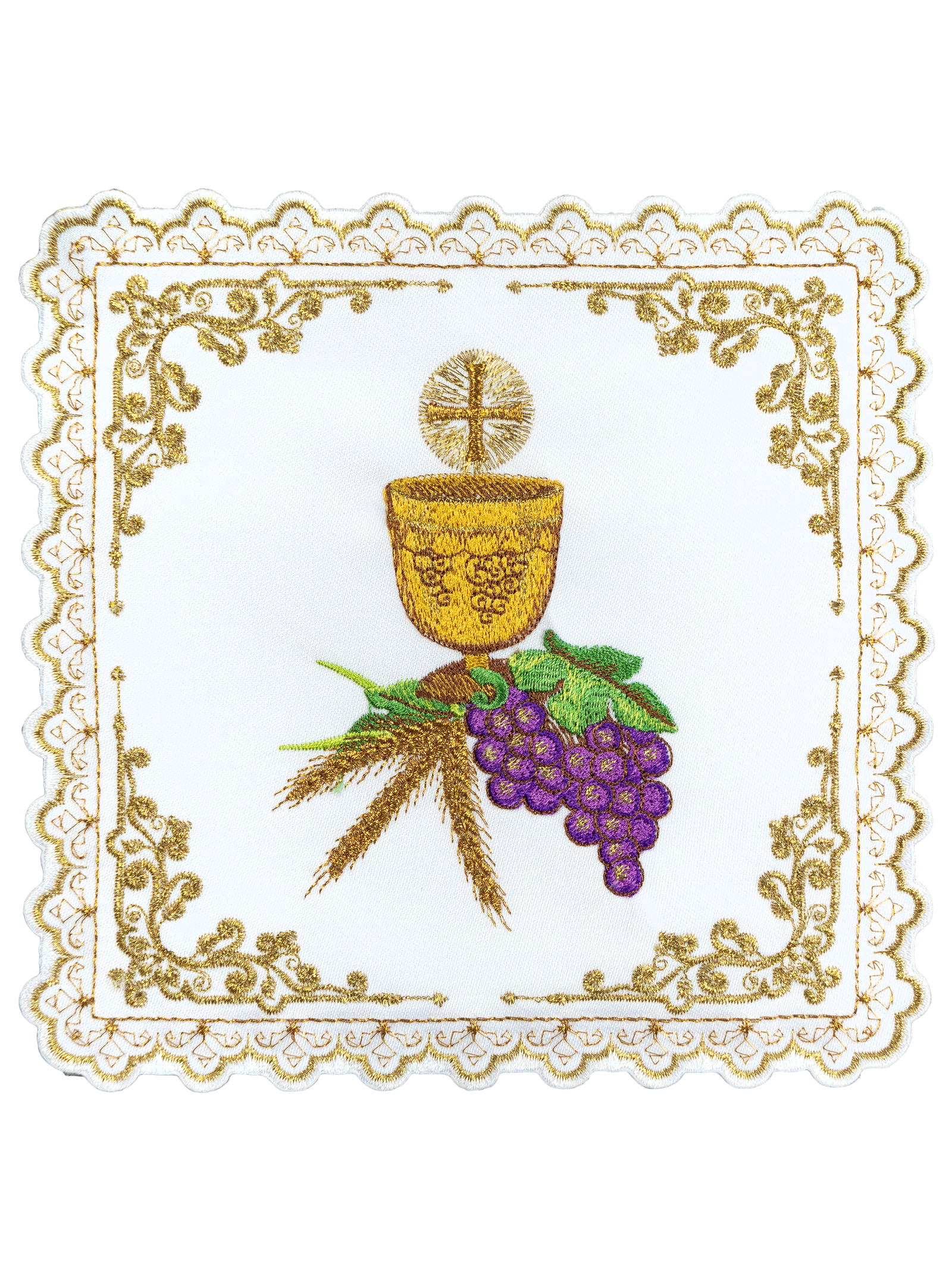 Chalice linens set with motif of chalice, grapes, ears and hosts