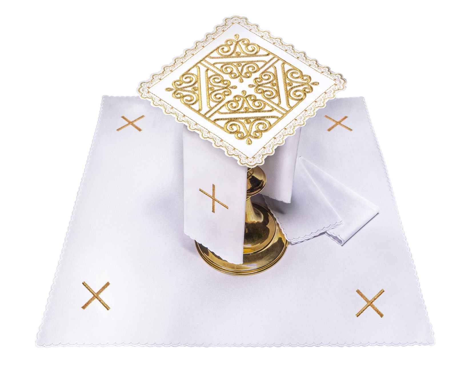 Altar linen set with gold embroidered cross motif