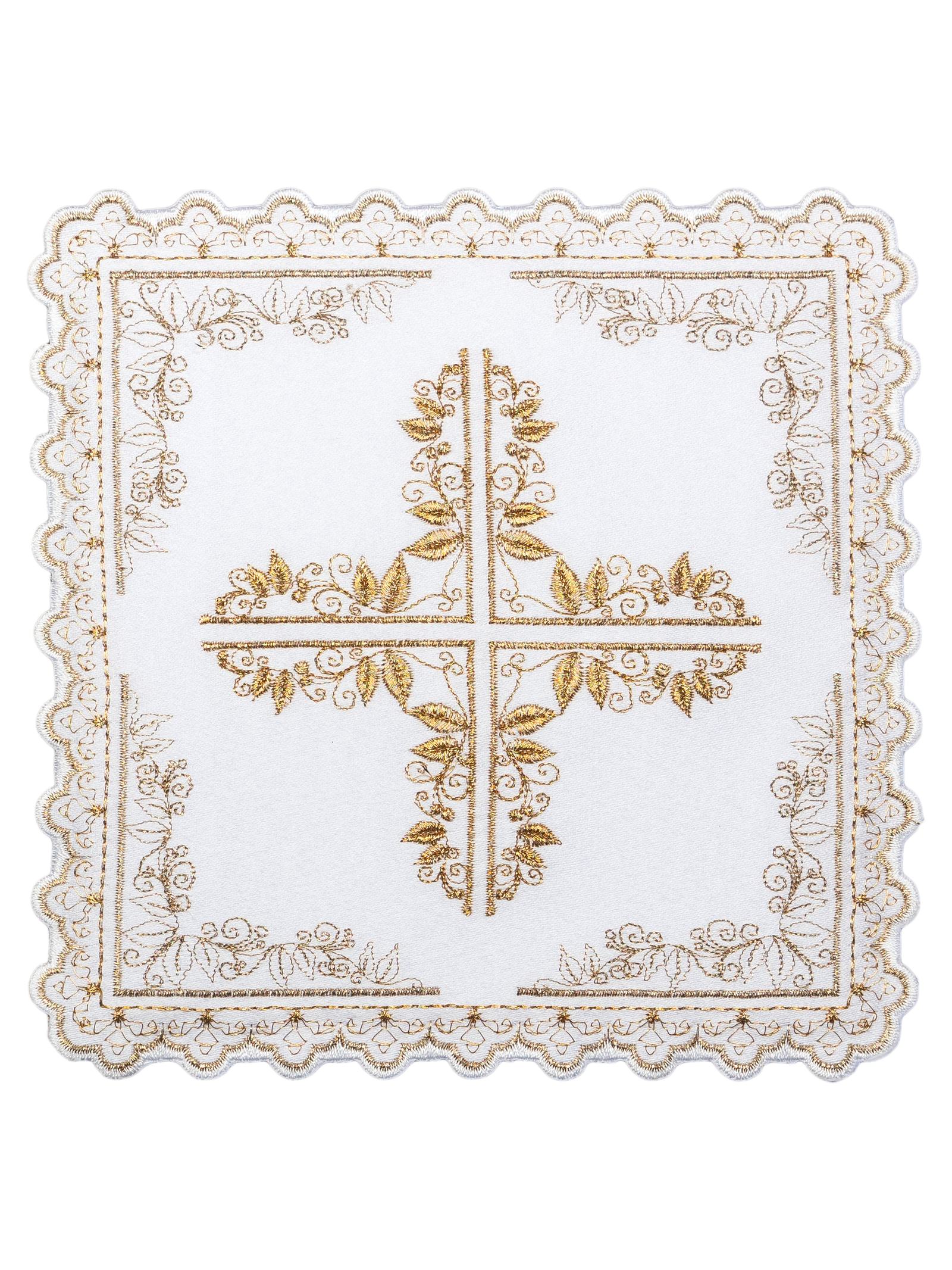 Mass linen set with cross motif framed by floral embroidery