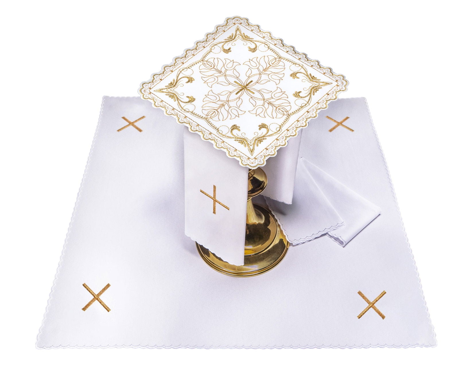 Chalice linen set with cross motif with decorative floral embroidery