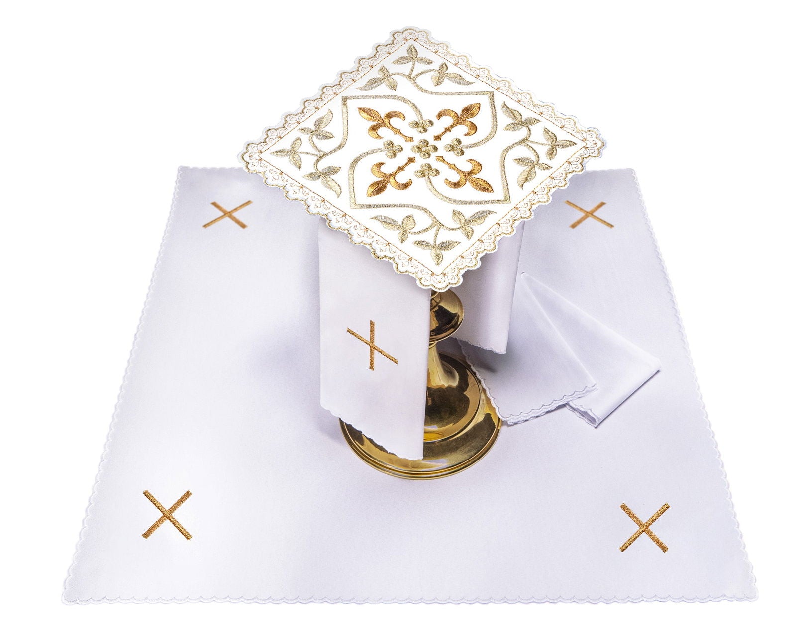 Altar linens with cross motif with gold embellishments and embroidered floral motif