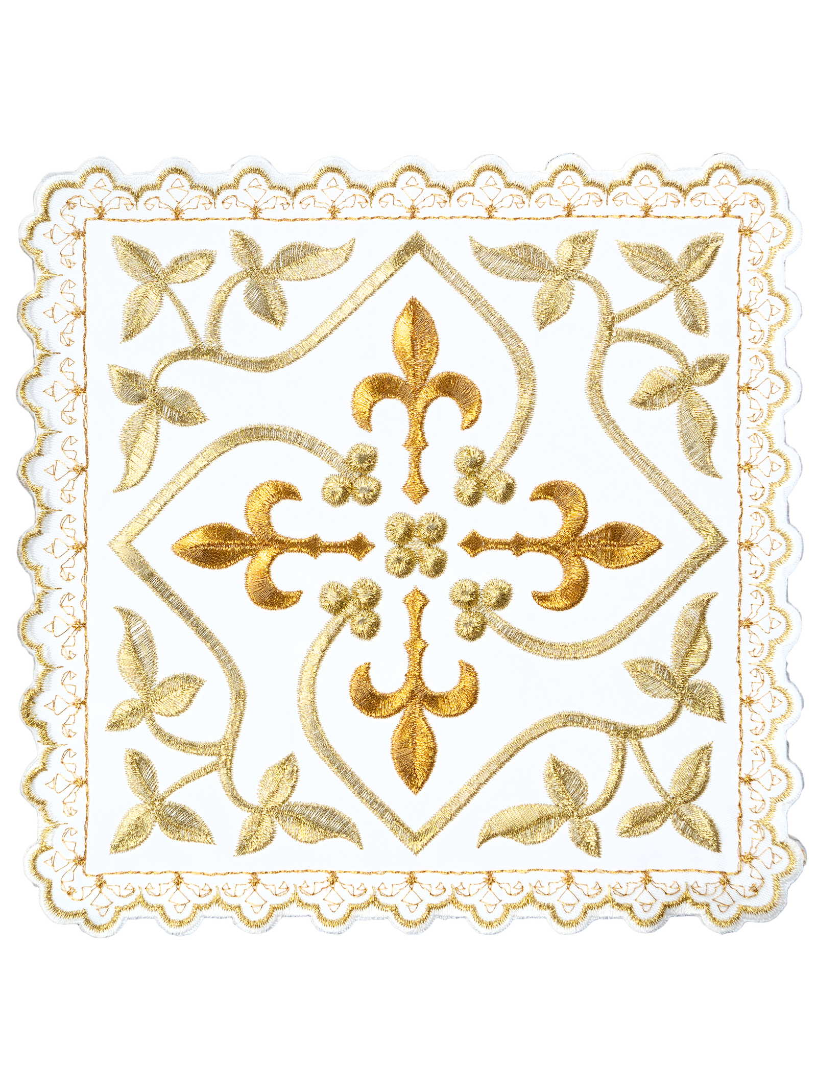 Altar linens with cross motif with gold embellishments and embroidered floral motif