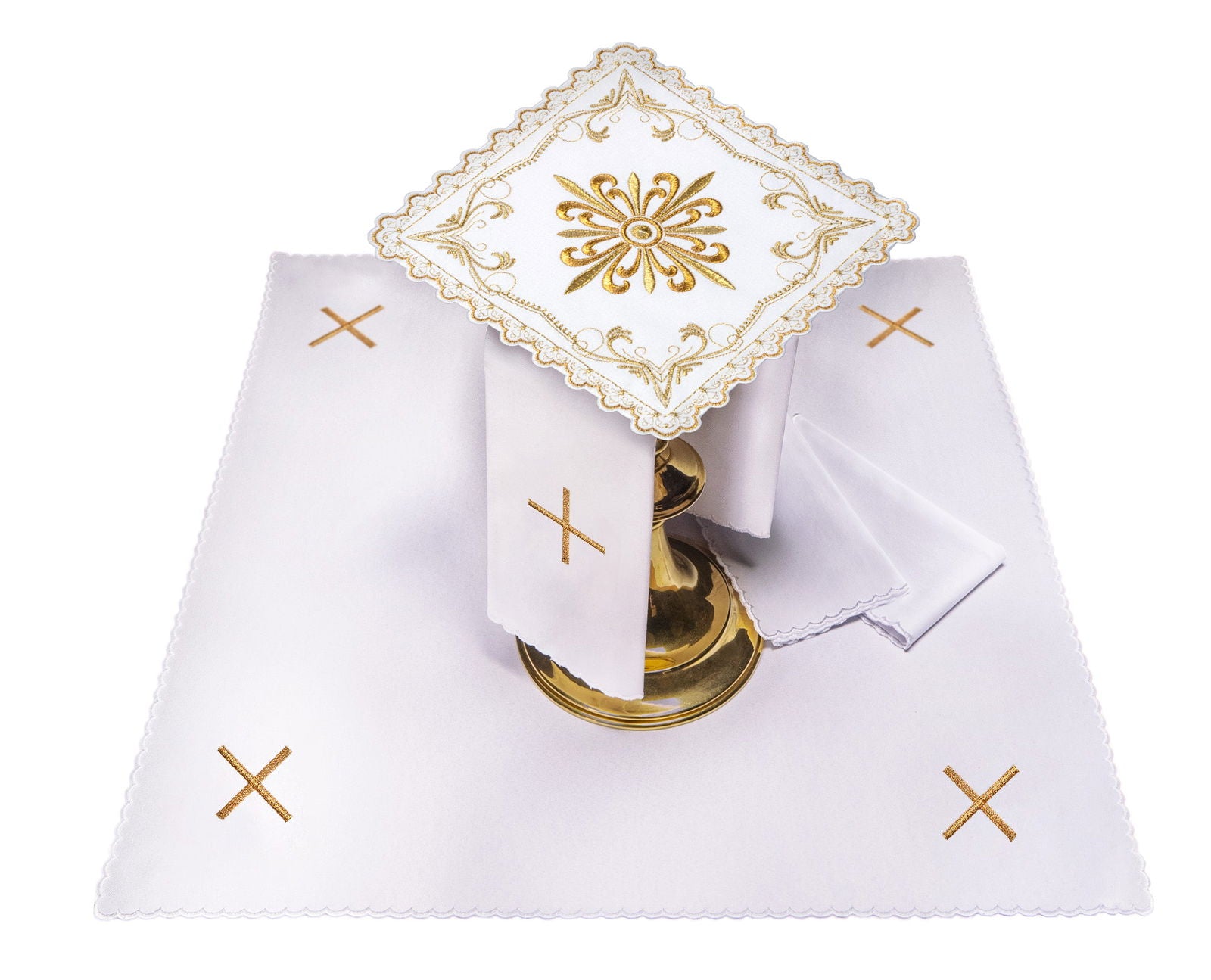 Mass altar linen set with golden cross motif with decorative embroidery