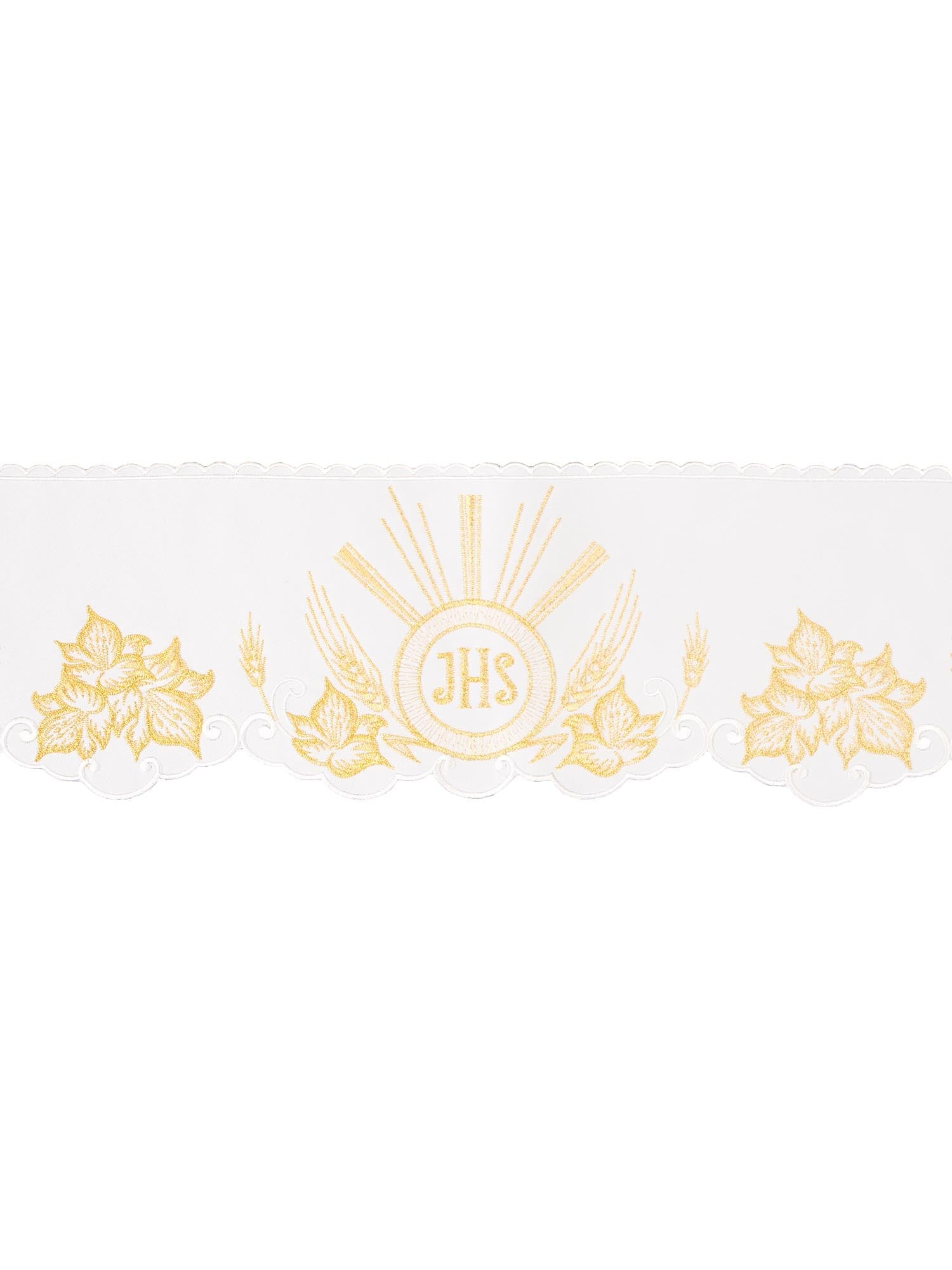 White altar superfrontal cloth with embroidered IHS symbol