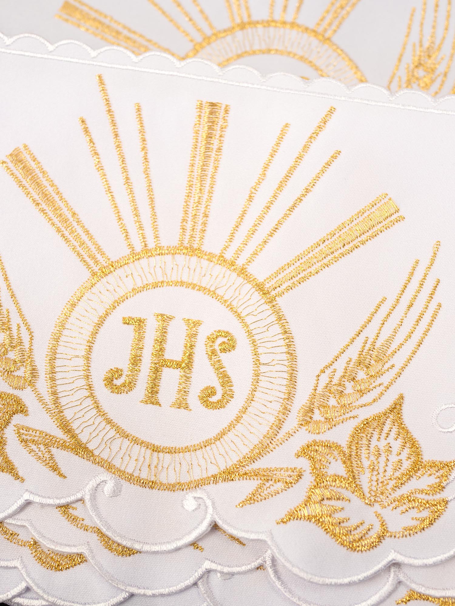 White altar superfrontal cloth with embroidered IHS symbol