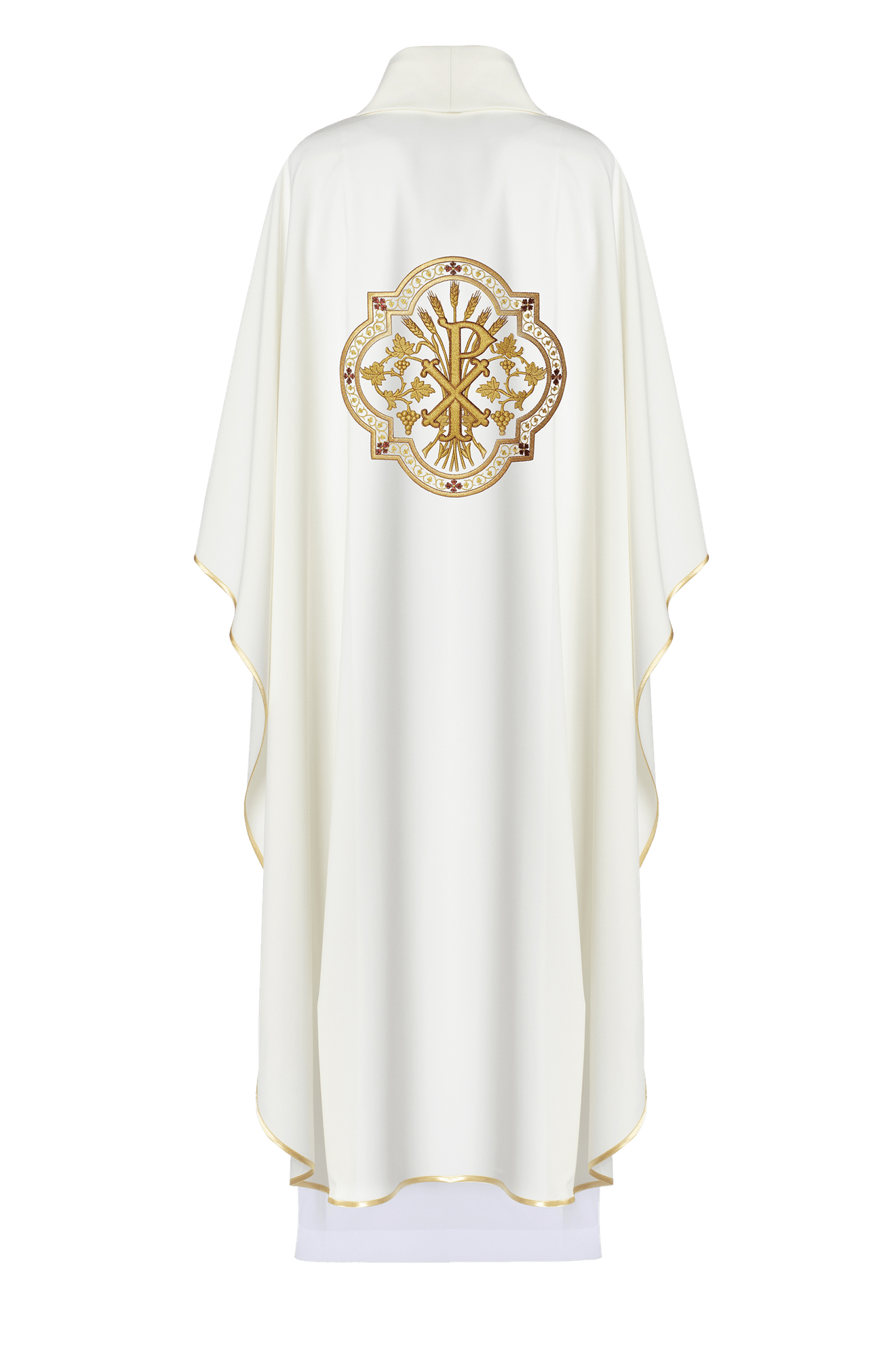 Cream chasuble with IHS and PAX embroidery