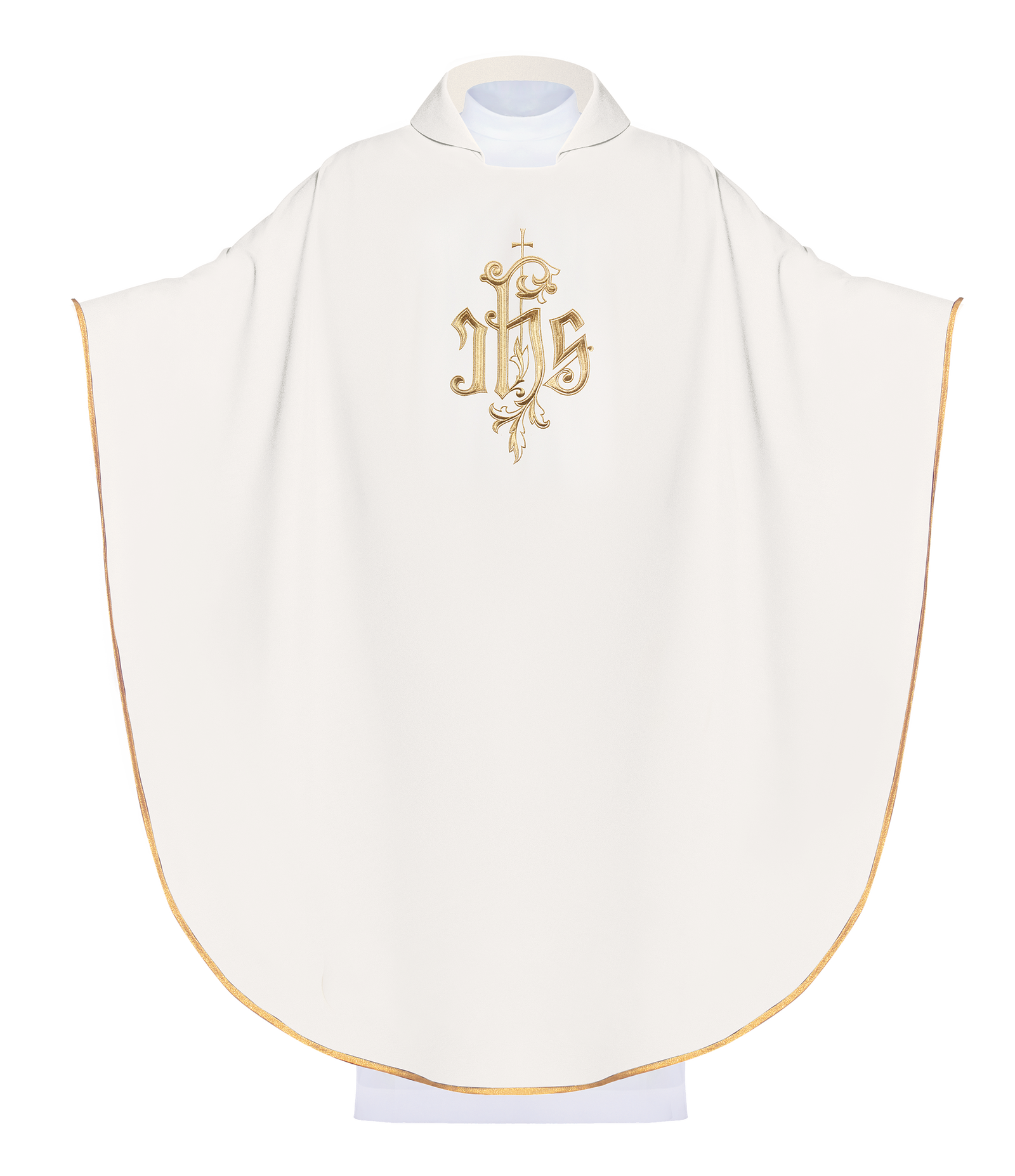 Cream chasuble with wide collar and gold IHS embroidery