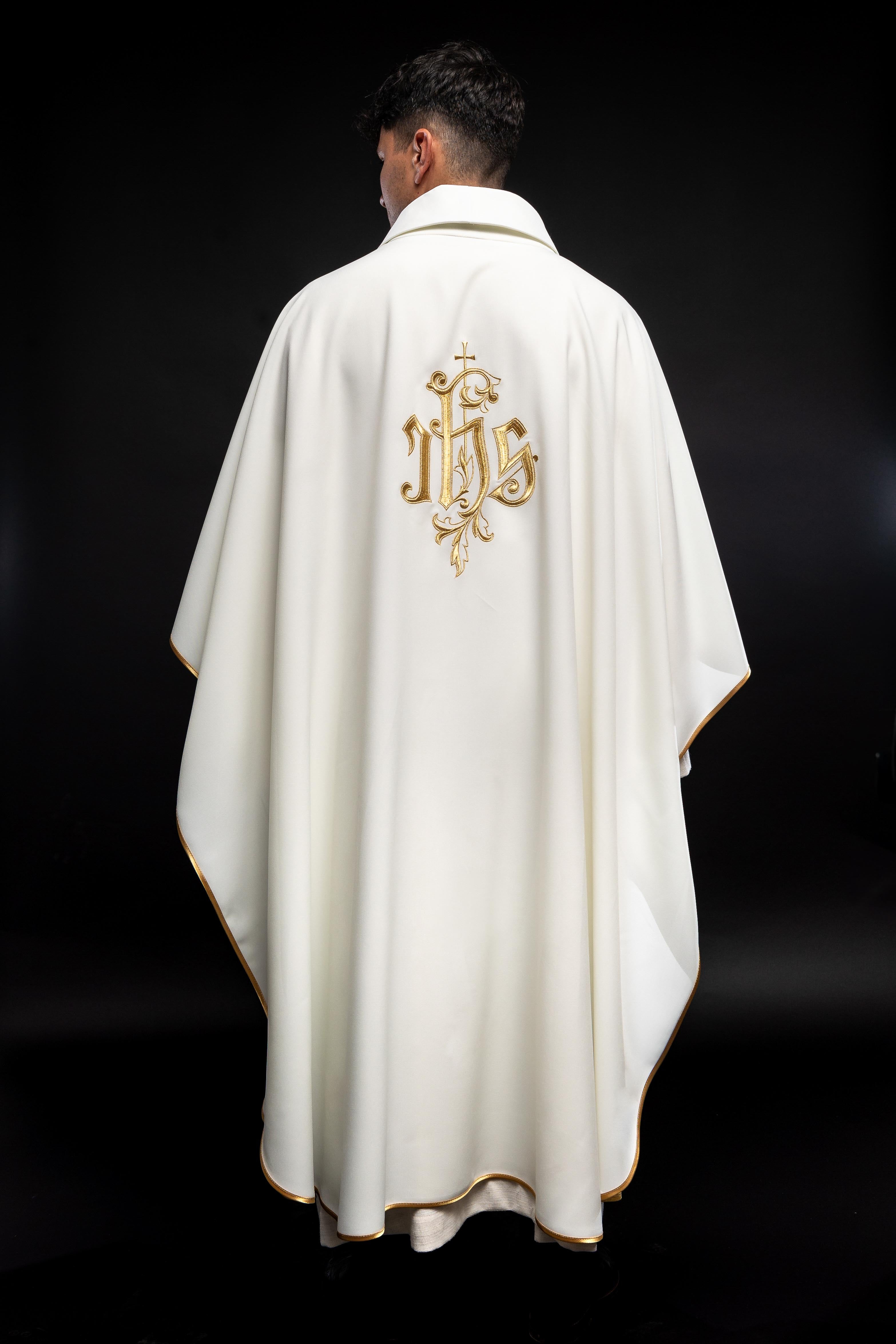 Simple ecru chasuble with gold JHS