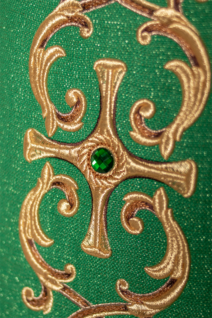 Green chasuble richly embroidered with gemstones