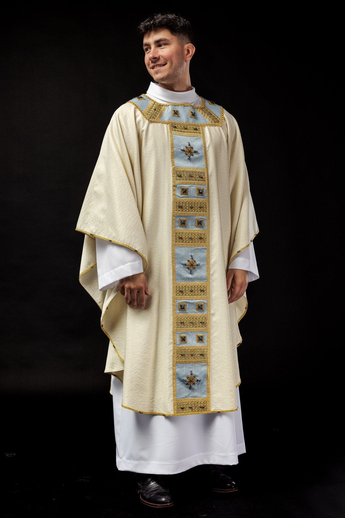 Light blue chasuble with natural stones Handmade 7004 HM/7004/05/95 - HAFTINAUSA.COM