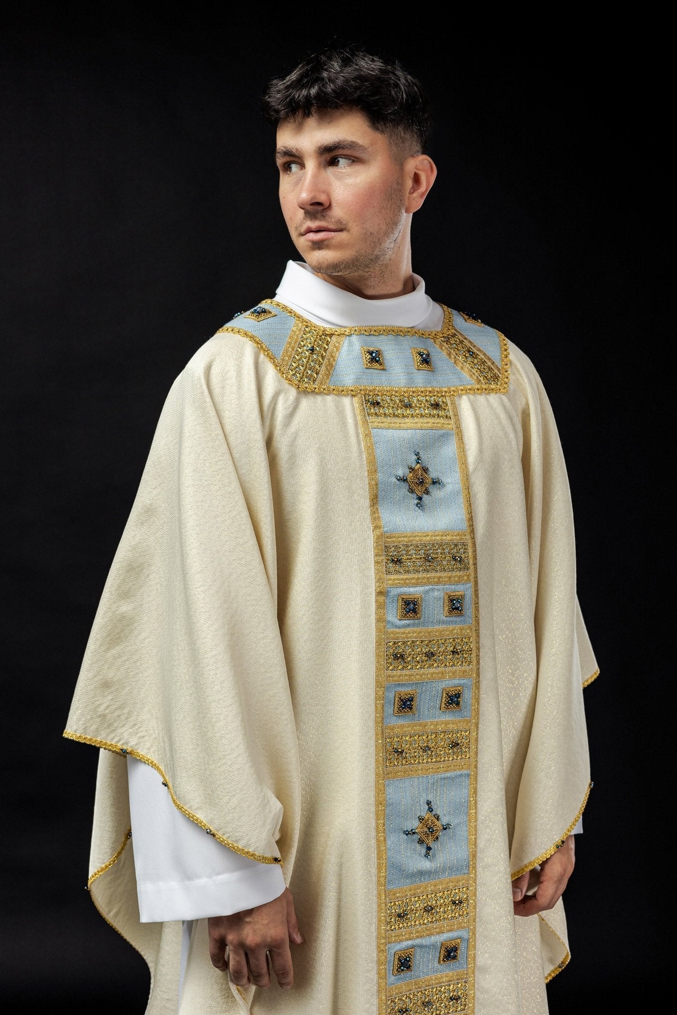 Light blue chasuble with natural stones Handmade 7004 HM/7004/05/95 - HAFTINAUSA.COM