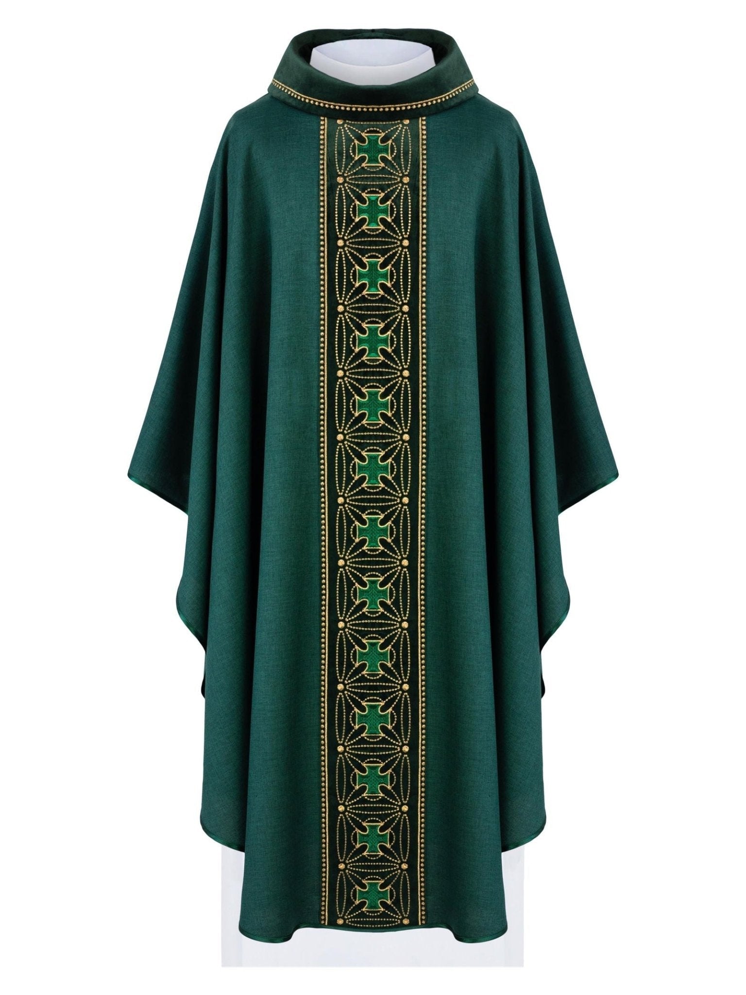 Liturgical chasuble with richly decorated belt with crosses in green color S - 7071 - 01 - 70 - HAFTINAUSA.COM