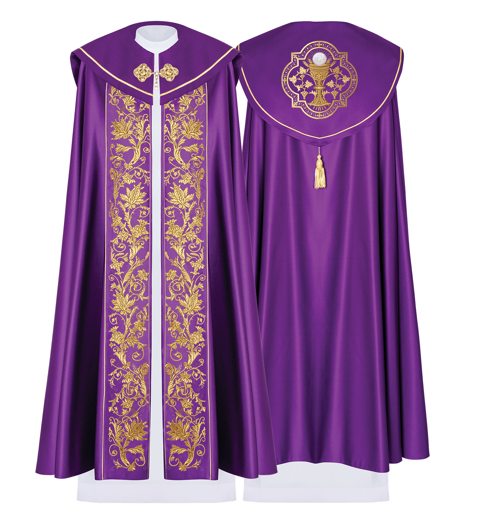 Liturgical cope with Embroidered Chalice in purple KKP/013/03/20 FIOLET SAT. POMPON 145cm - HAFTINAUSA.COM