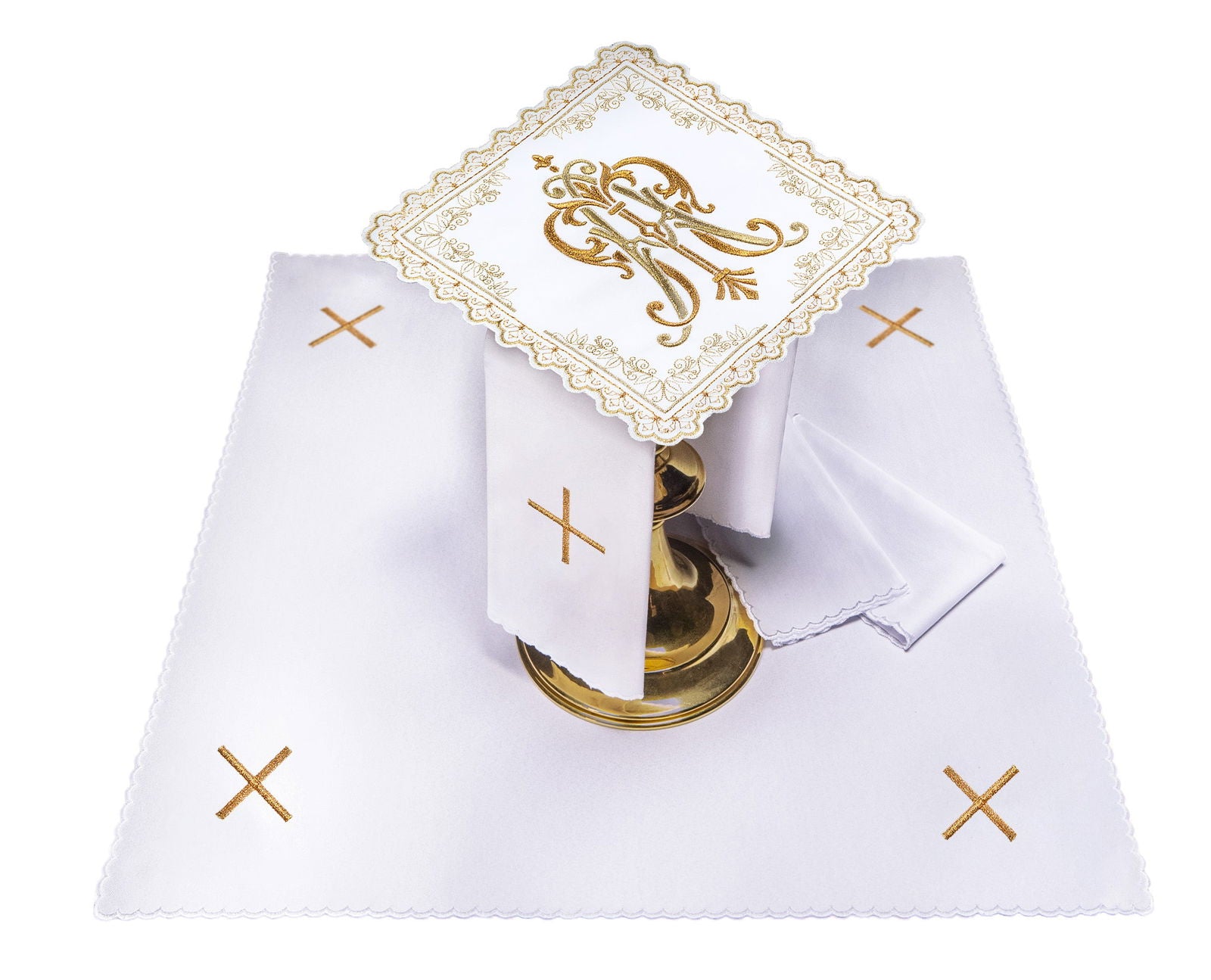 Liturgical chalice set with gold embroidered Marian motif