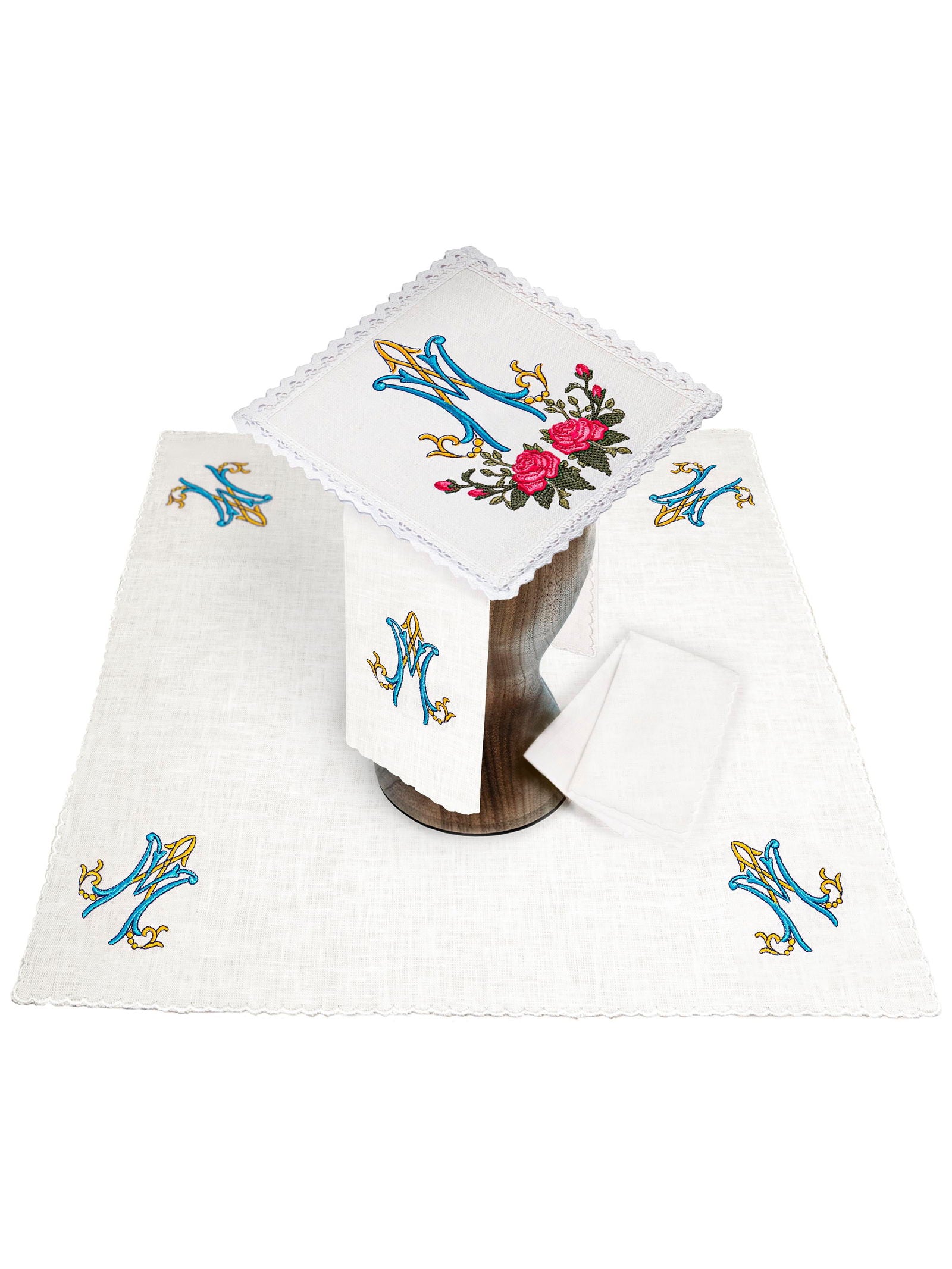 Linen Chalice Linens with Colorful Marian Embroidery