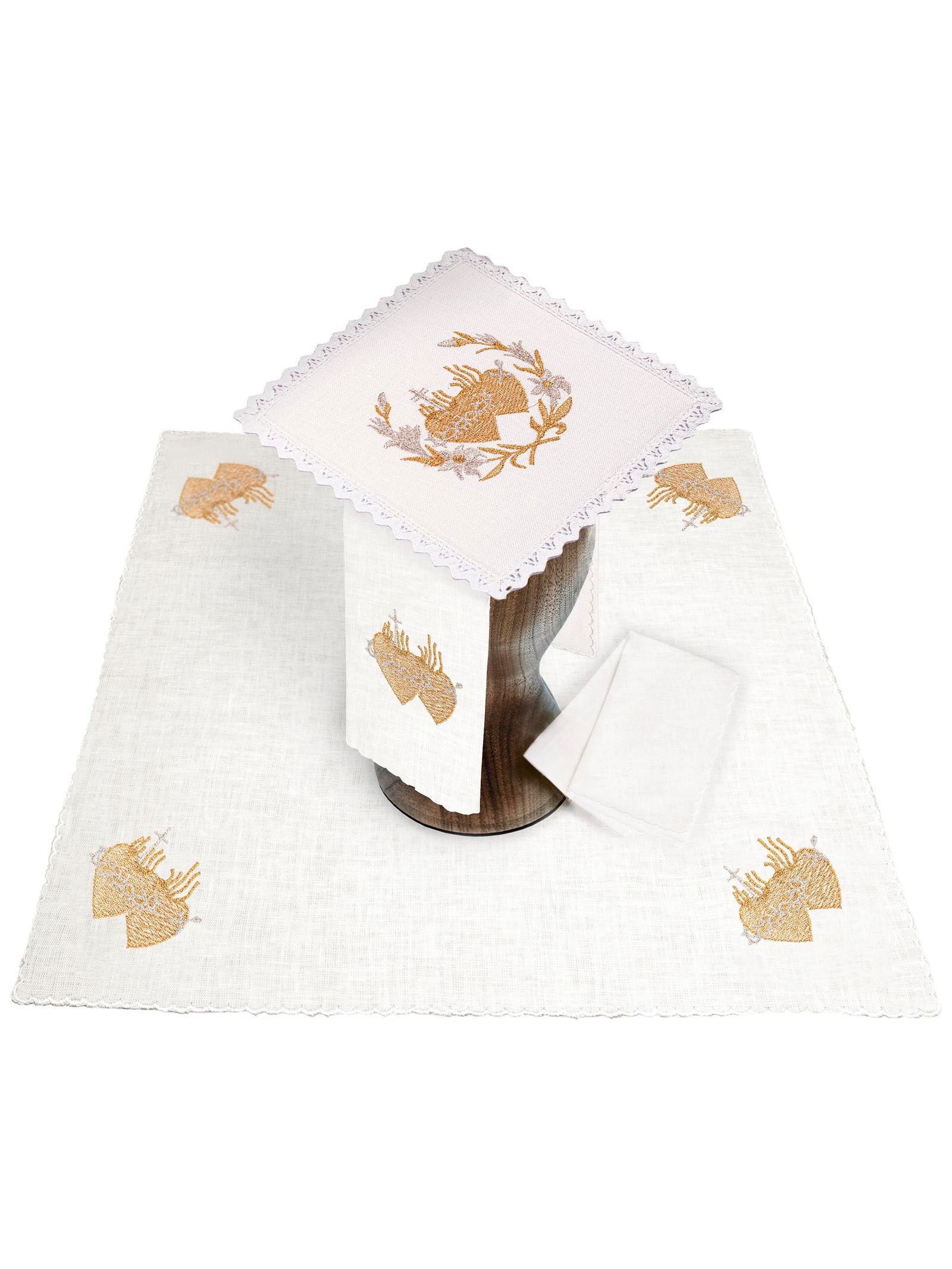 Embroidered altar linen set with the sacred hearts embroidery