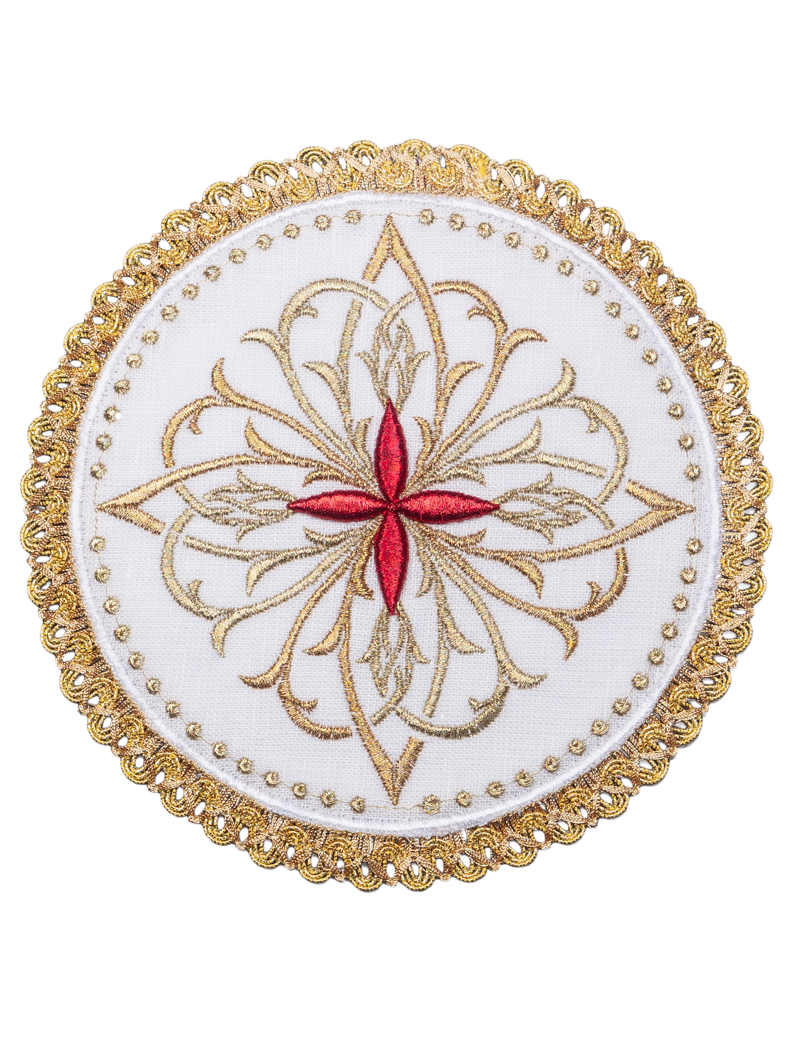 Mass linens with round pall and red embroidery