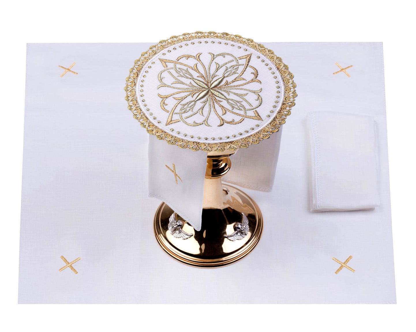 Chalice linens set with gold floral cross motif on round toe - HAFTINAUSA.COM