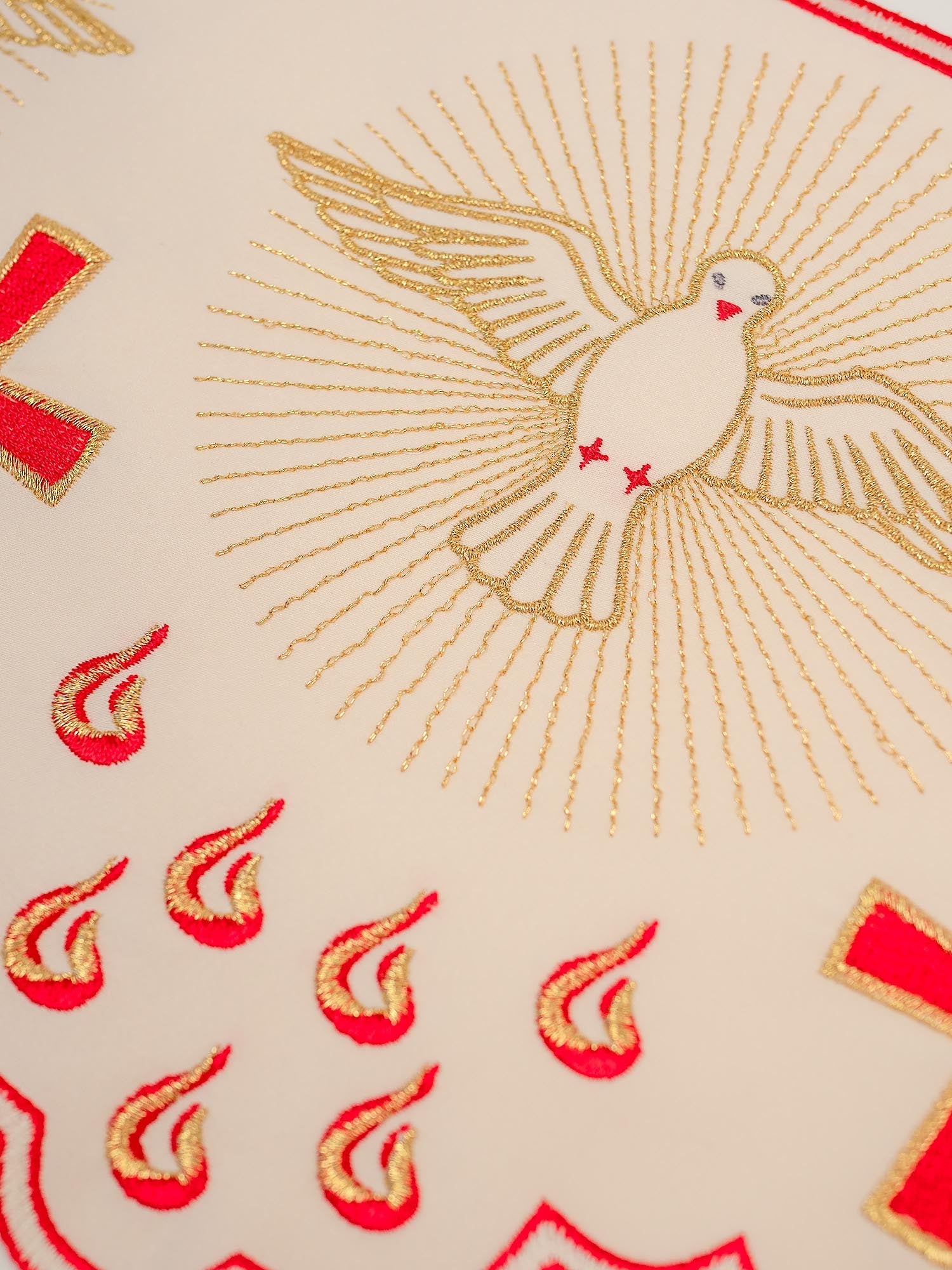 Superfrontal with red Holy Spirit Dove embroidery