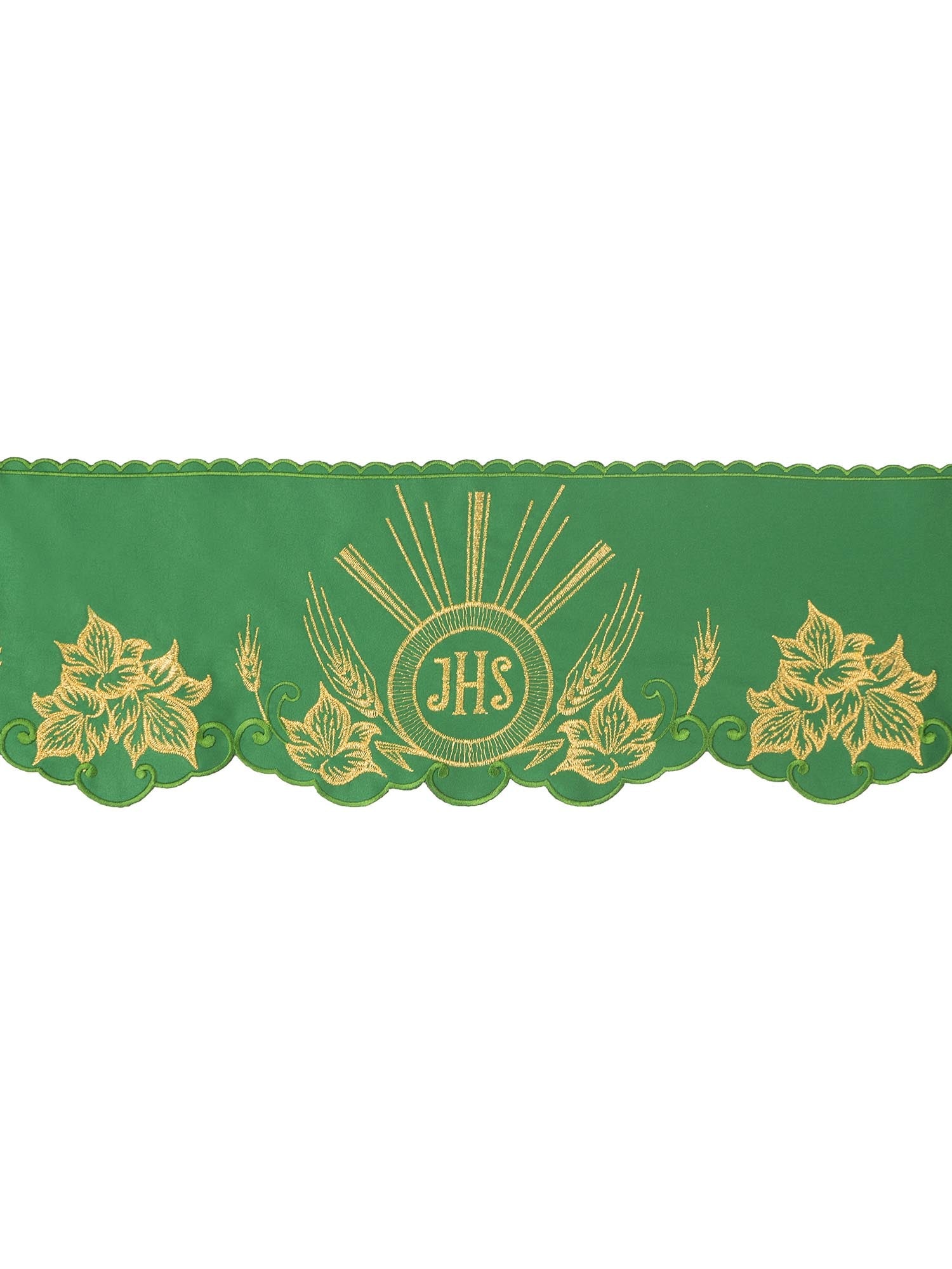 Green altar superfrontal cloth with embroidered gold IHS motif