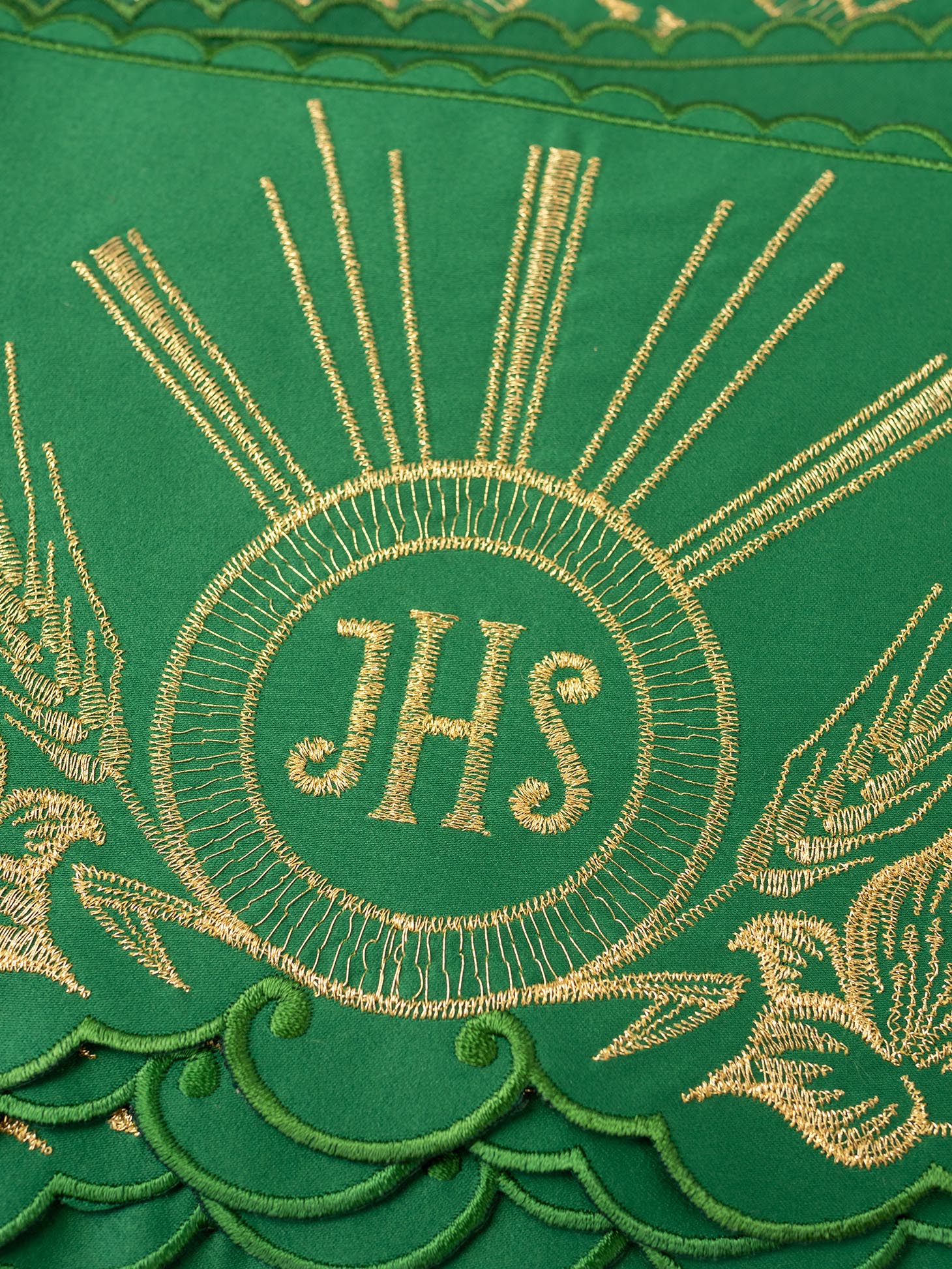 Green altar superfrontal cloth with embroidered gold IHS motif