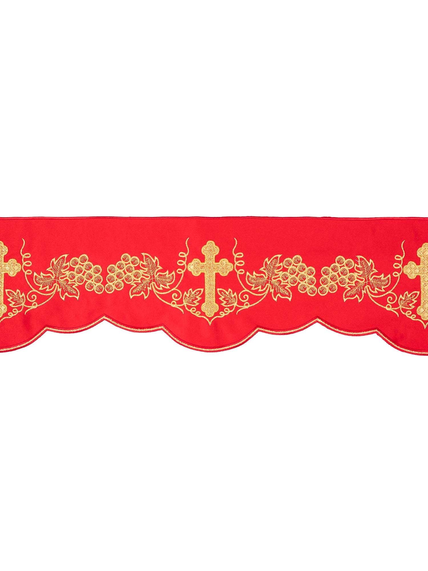 Superfrontal in red with Cross and Grapes embroidery