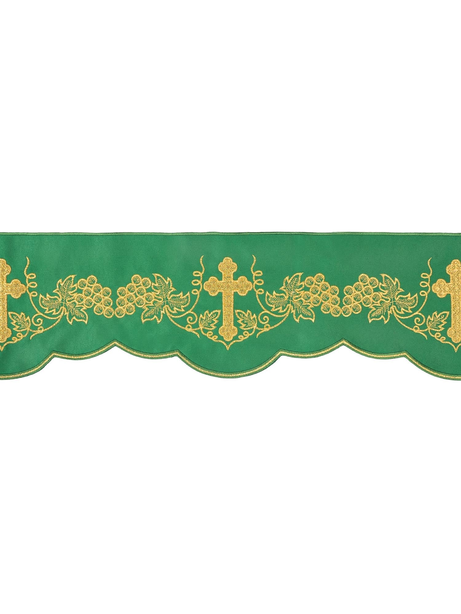 Superfrontal in green with Cross and Grapes embroidery