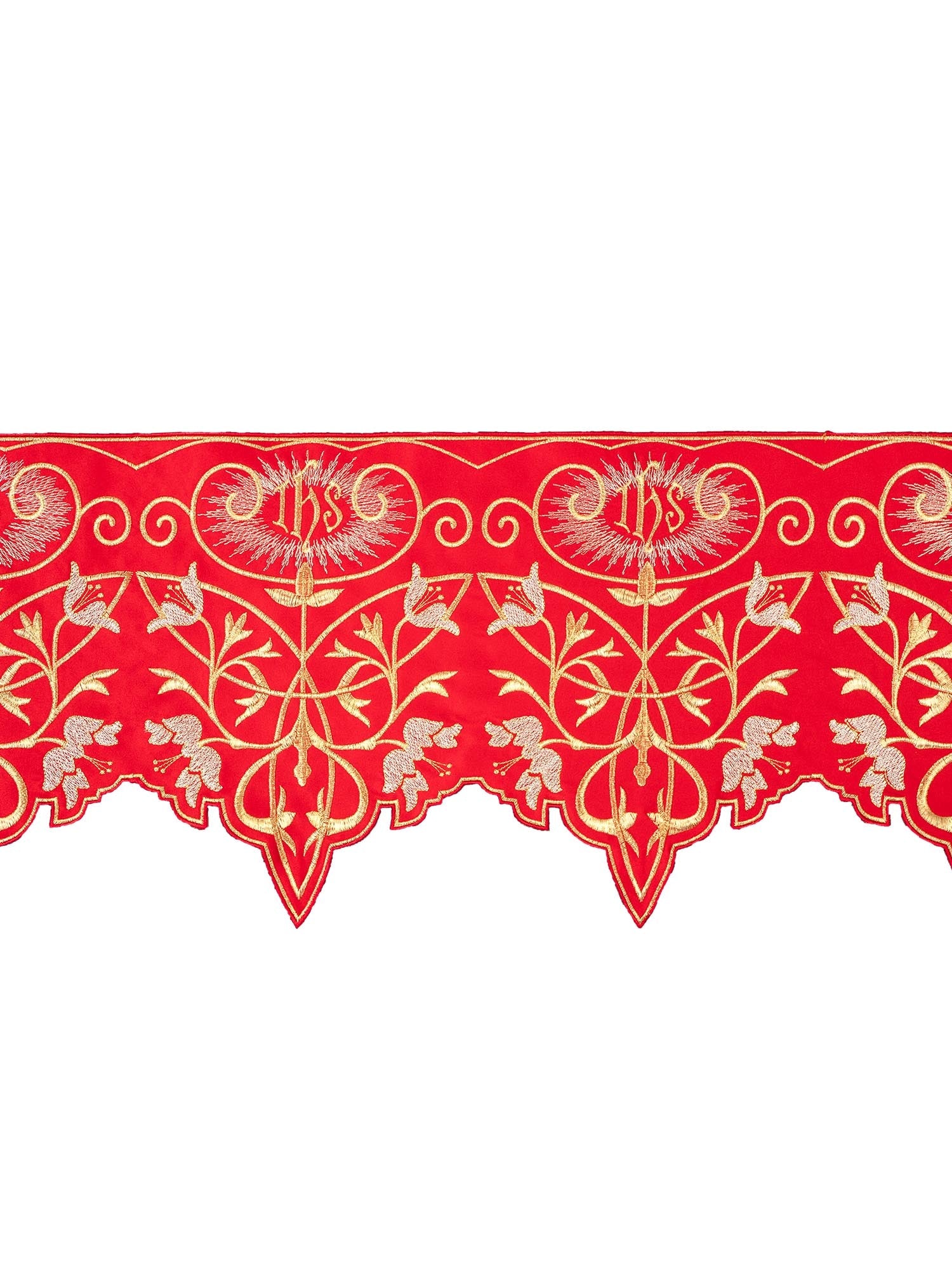 Altar superfrontal in red with gold IHS embroidery