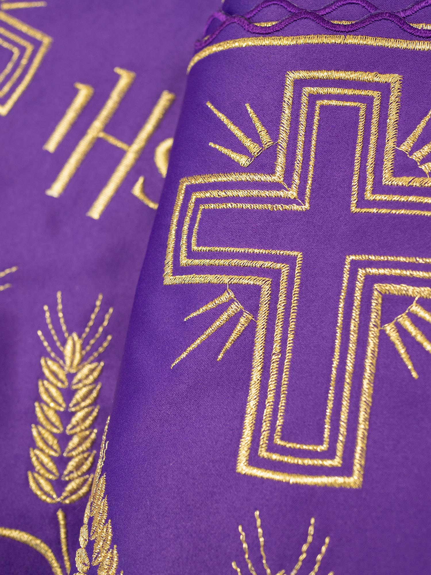 Purple liturgical superfrontal with IHS and cross embroidery