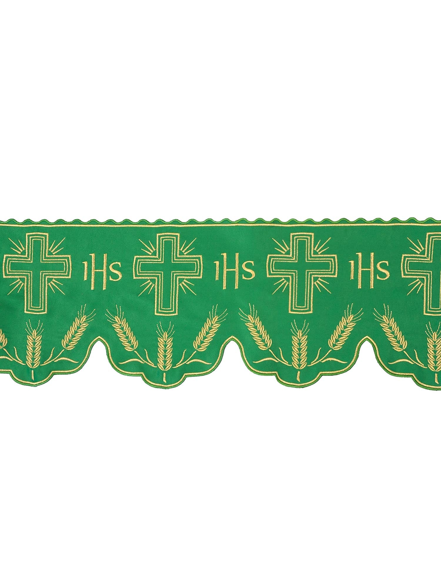 Altar superfrontal trimmings in green with gold IHS and cross embroidery