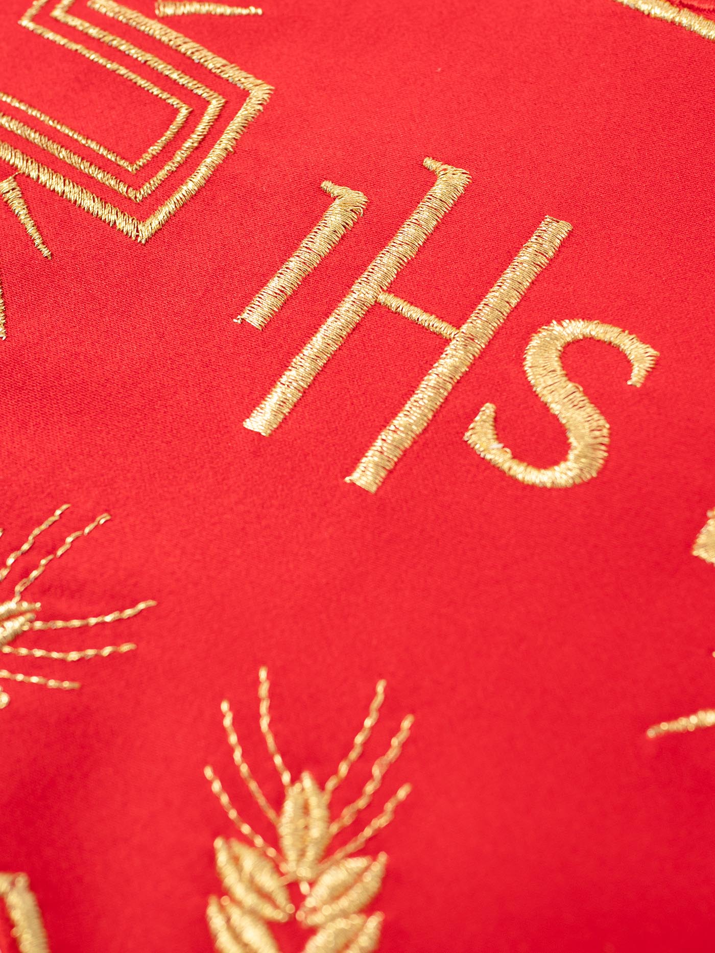 Red superfrontal with IHS and cross embroidery