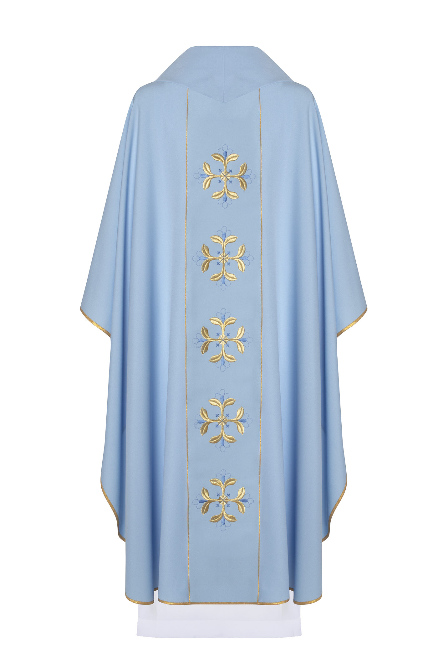 Blue liturgical chasuble with gold Marian embroidery