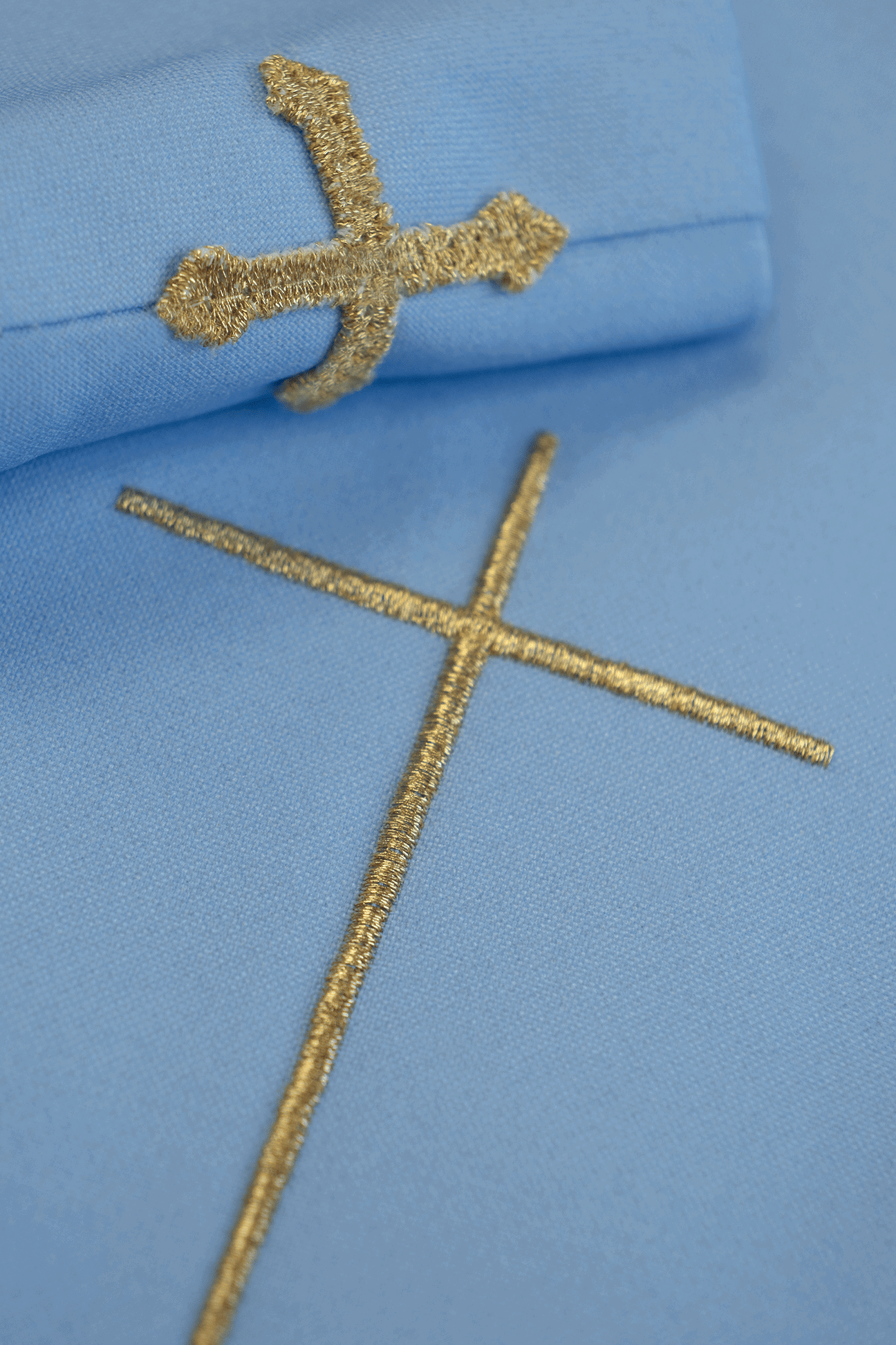 Blue liturgical chasuble with gold Marian embroidery