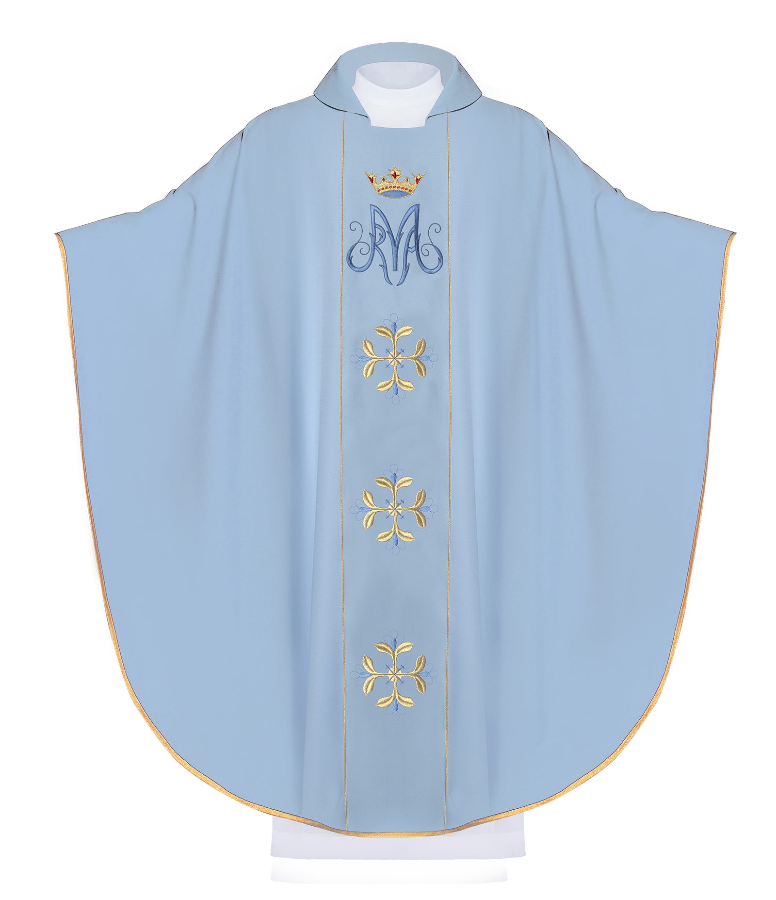 Blue liturgical chasuble with wide collar and marian symbol