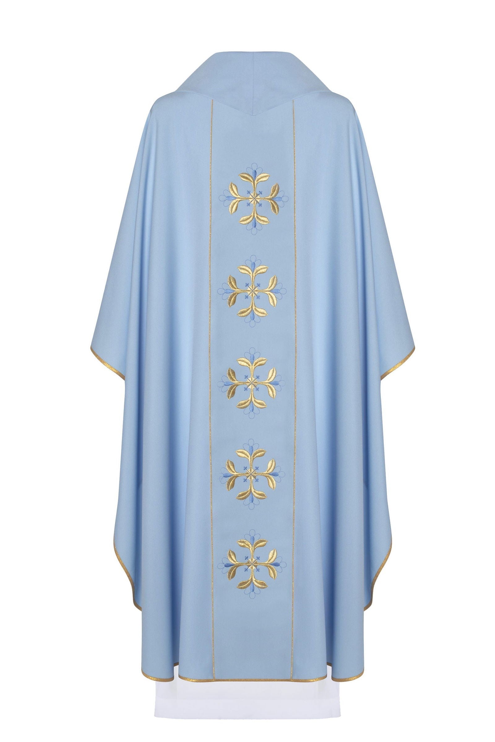 Blue liturgical chasuble with wide collar and marian symbol