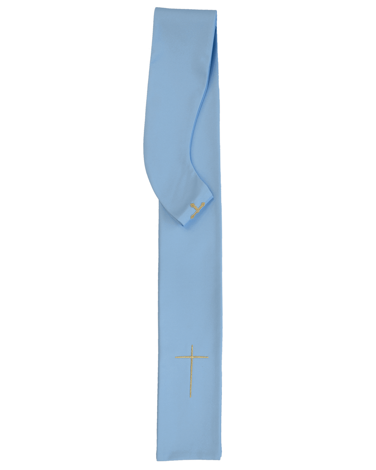 Blue liturgical chasuble with wide collar and marian symbol