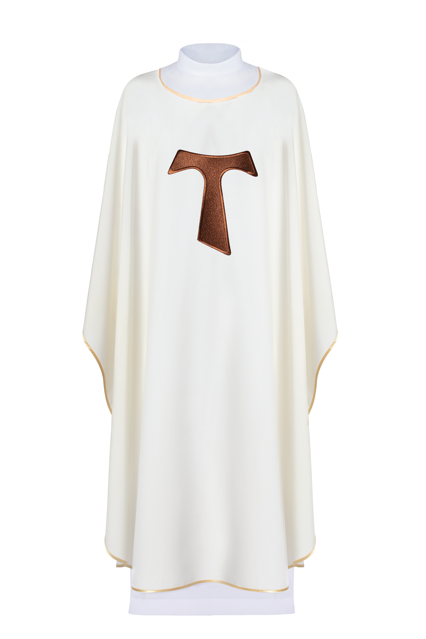 Liturgical chasuble adorned with a Tau Franciscan cross in ecru