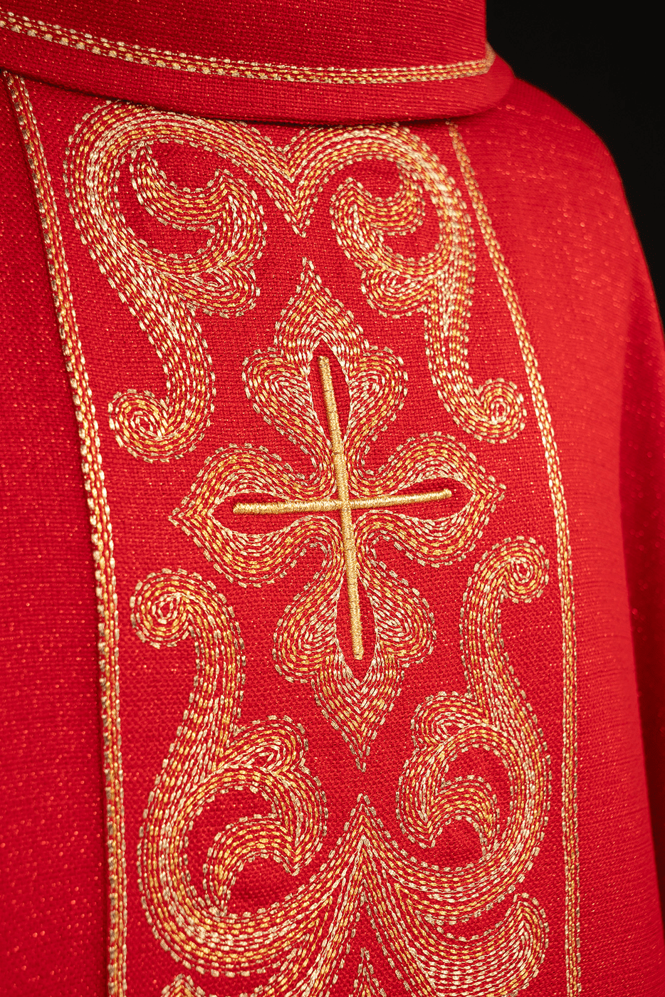 Red chasuble with light gold embroidery