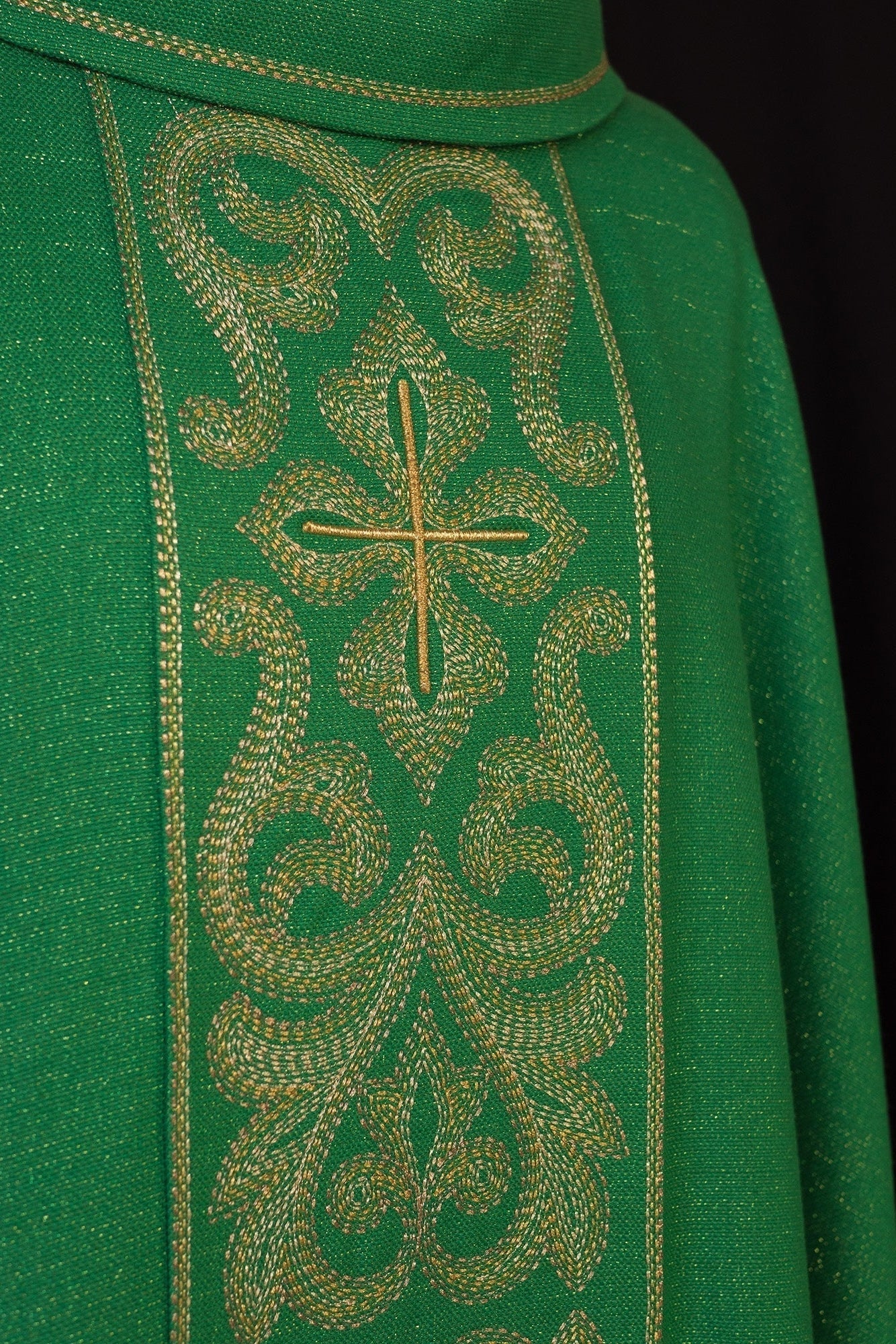 Green chasuble with light gold embroidery